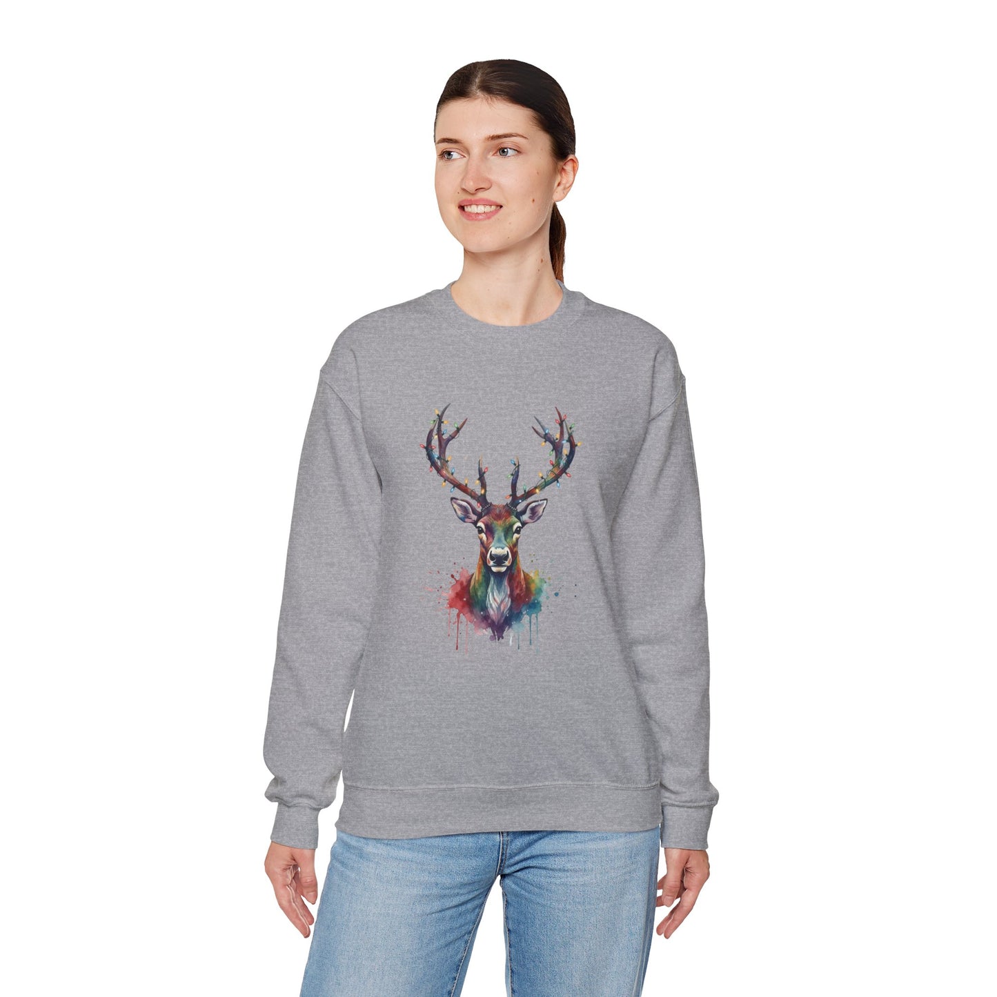 Colorful Reindeer Christmas Sweatshirt, Holiday Deer Lights Sweater, Watercolor Winter Crewneck, Festive Cozy Gift For Him Or Her
