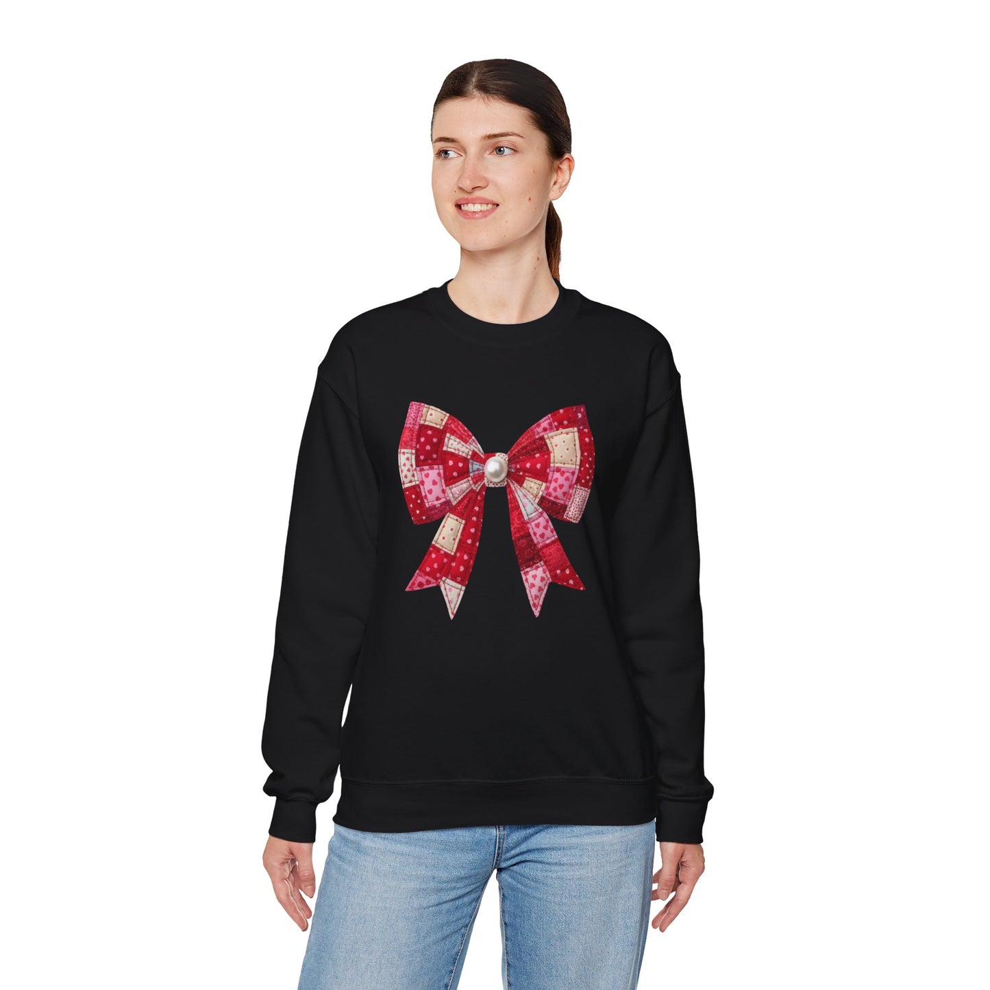 Faux Patchwork Bow Sweatshirt, Quilted Look Bow Crewneck, Pearl Center Bow Pullover, Cozy Coquette Sweatshirt, Girly Gift