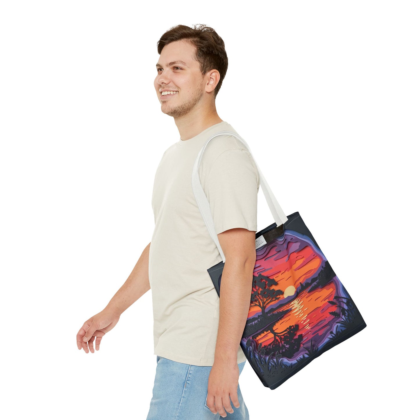 Sunset Landscape Canvas Tote Bag – Paper‑Art Inspired Nature Scene Tote – Colorful Sunset Market Tote, Eco Reusable Beach Bag, Vibrant Gift for Her