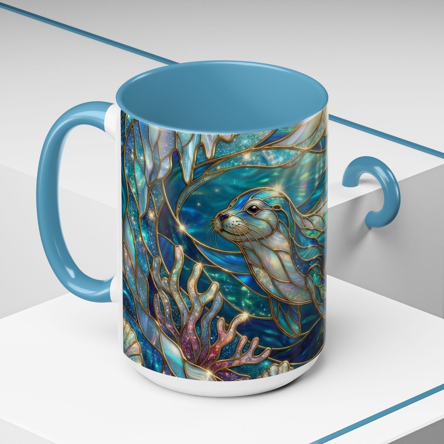 Seal Coffee Mug, Stained Glass Seal Mug, Cute Ocean Animal Art Mug, Marine Life Gift, Unique Ceramic Coffee Cup, 11oz 15oz Wildlife Mug
