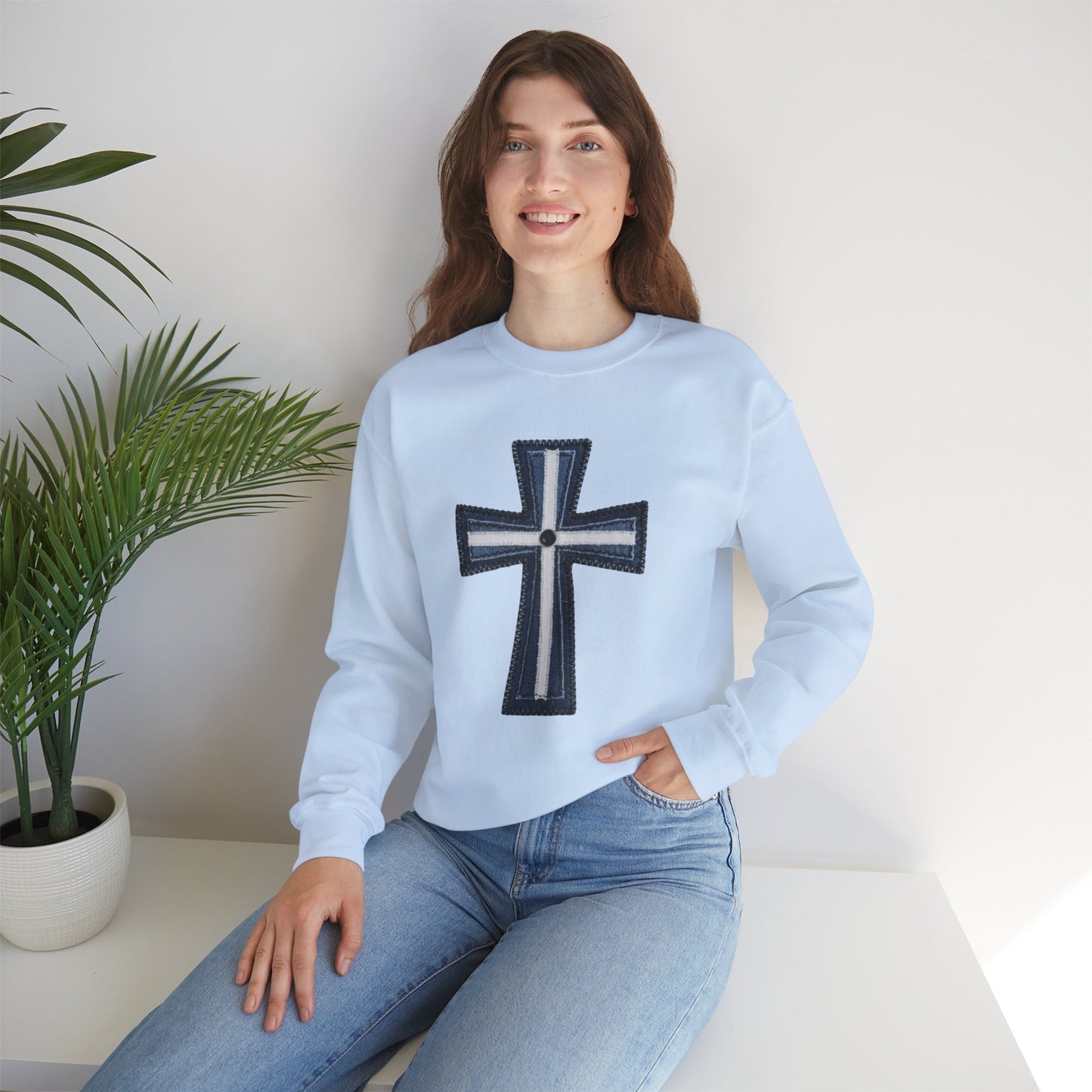 Faux Patchwork Cross Sweatshirt, Christian Patchwork Style Crewneck, Faith Gift for Women Men, Rustic Cross Sweatshirt, Religious Xmas Gift