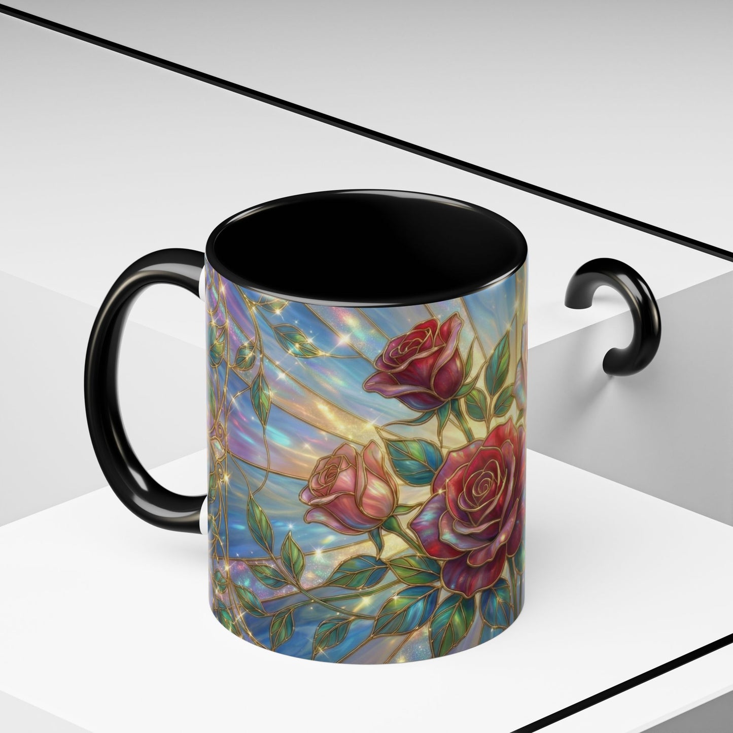 Stained Glass Rose Mug, Floral Art Coffee Cup, Elegant Rose Flower Mug, Blue Gold Glass Style Design, Romantic Gift For Her Decor