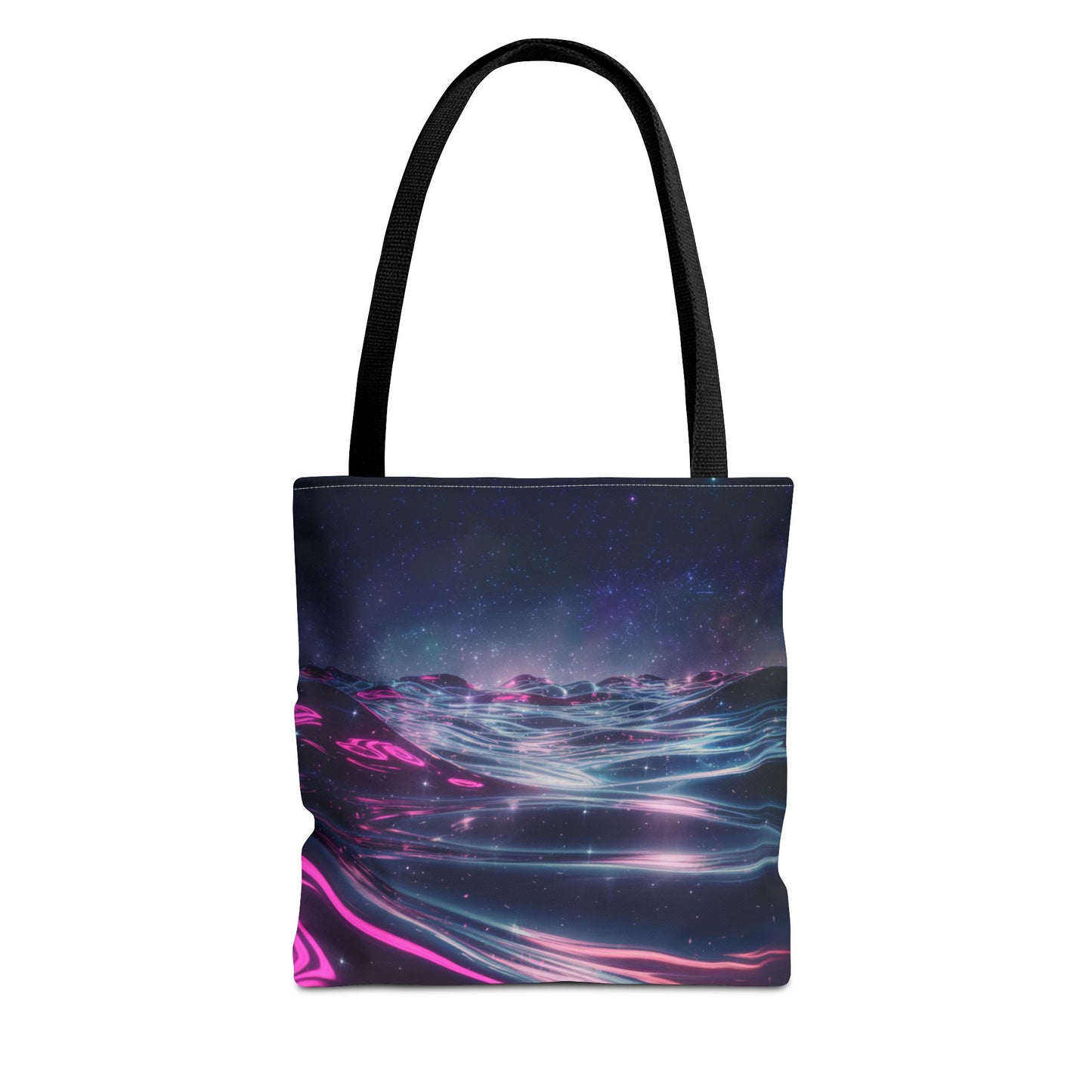 Neon Wave Horizon Tote Bag, Futuristic Ocean Design With Pink And Blue Light, Sci-Fi Aesthetic Reusable Tote For Travel, Gifts, And Everyday Use