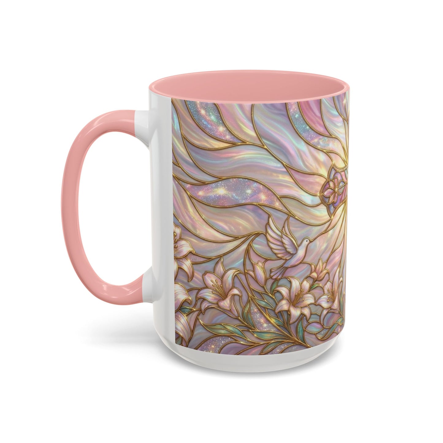 Stained Glass Cross Mug, Easter Lily Coffee Cup, Christian Gift for Women, Pastel Religious Drinkware, Dove and Faith Cup, Spiritual