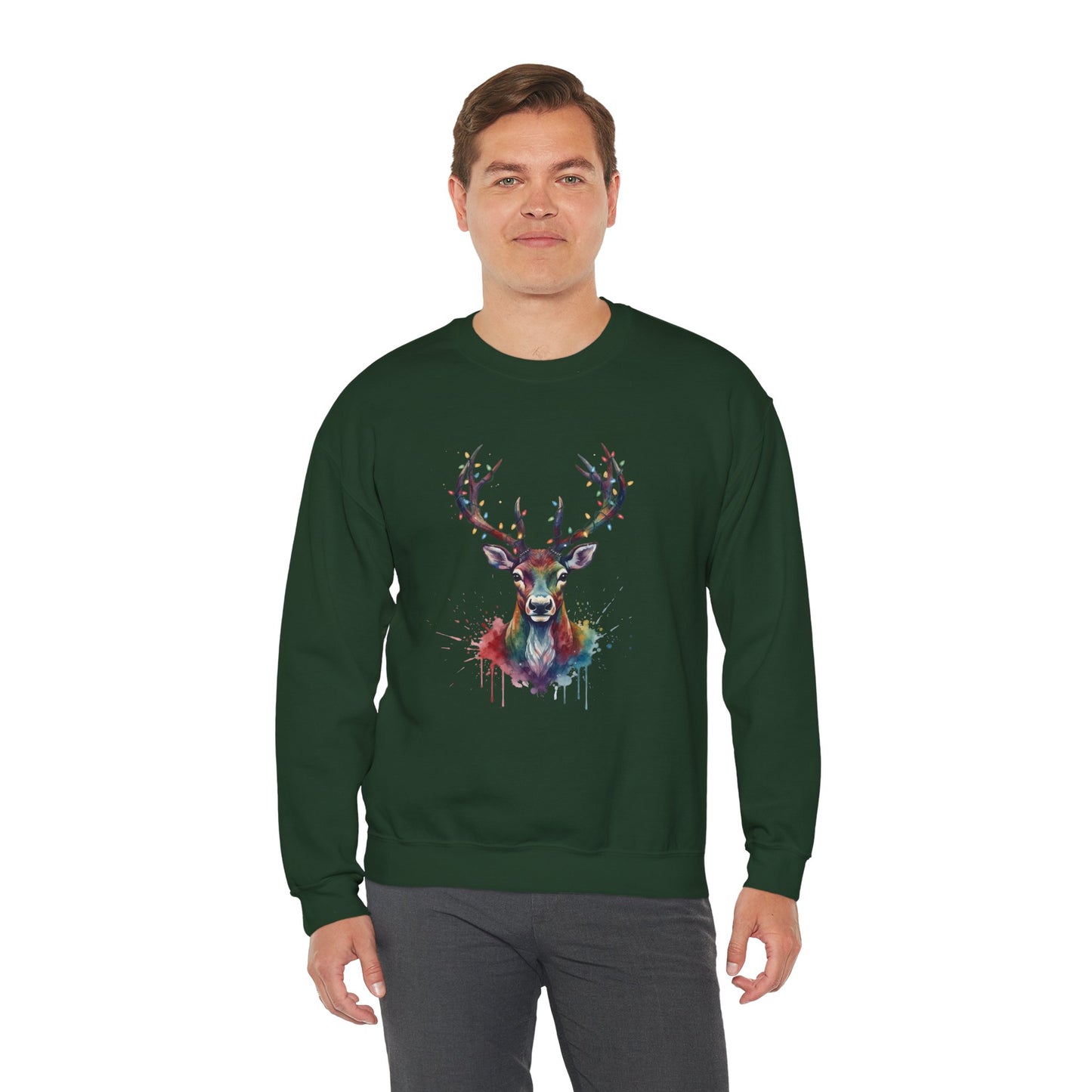 Colorful Reindeer Christmas Sweatshirt, Holiday Deer Lights Sweater, Watercolor Winter Crewneck, Festive Cozy Gift For Him Or Her