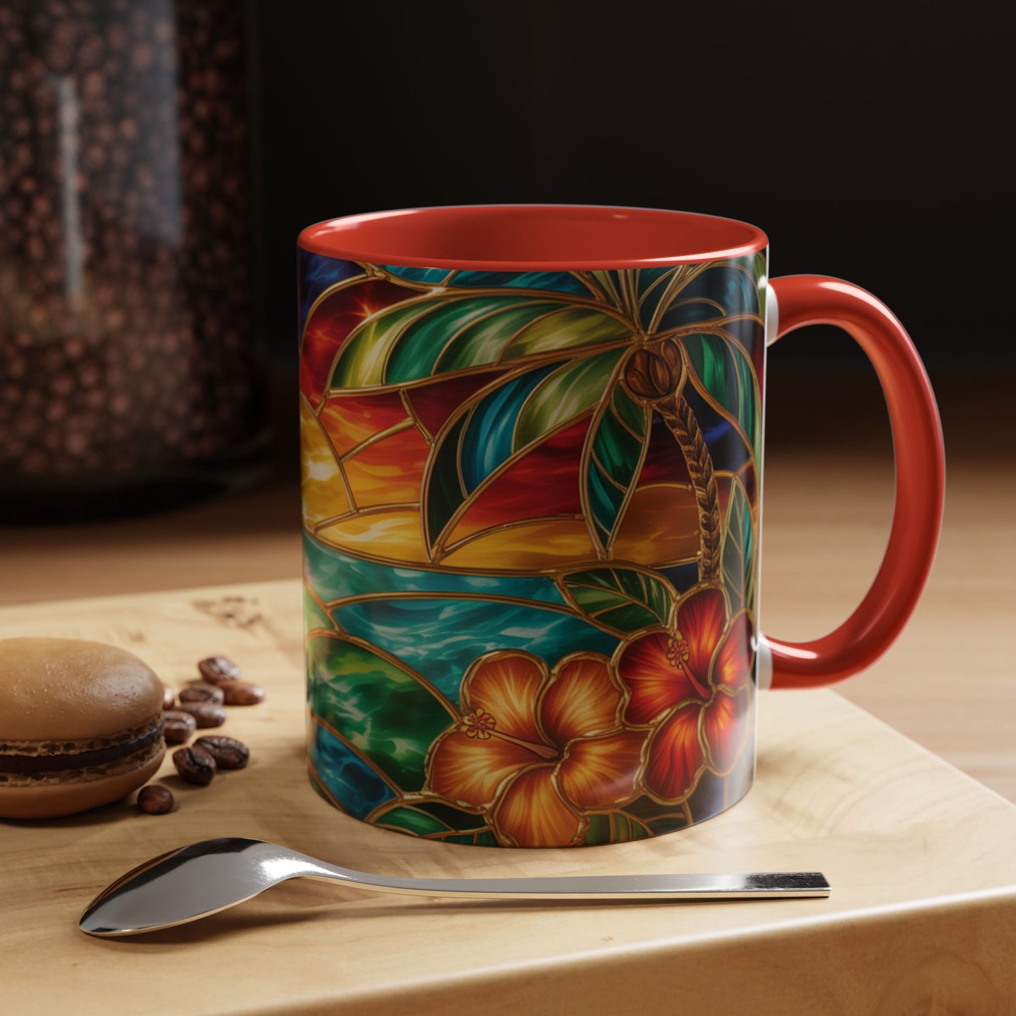 Stained Glass Tropical Sunset Mug, Hibiscus Flower Coffee Cup, Beach Lover Gift, Colorful Palm Tree Mug, Coastal Art Drinkware, Summer Cup