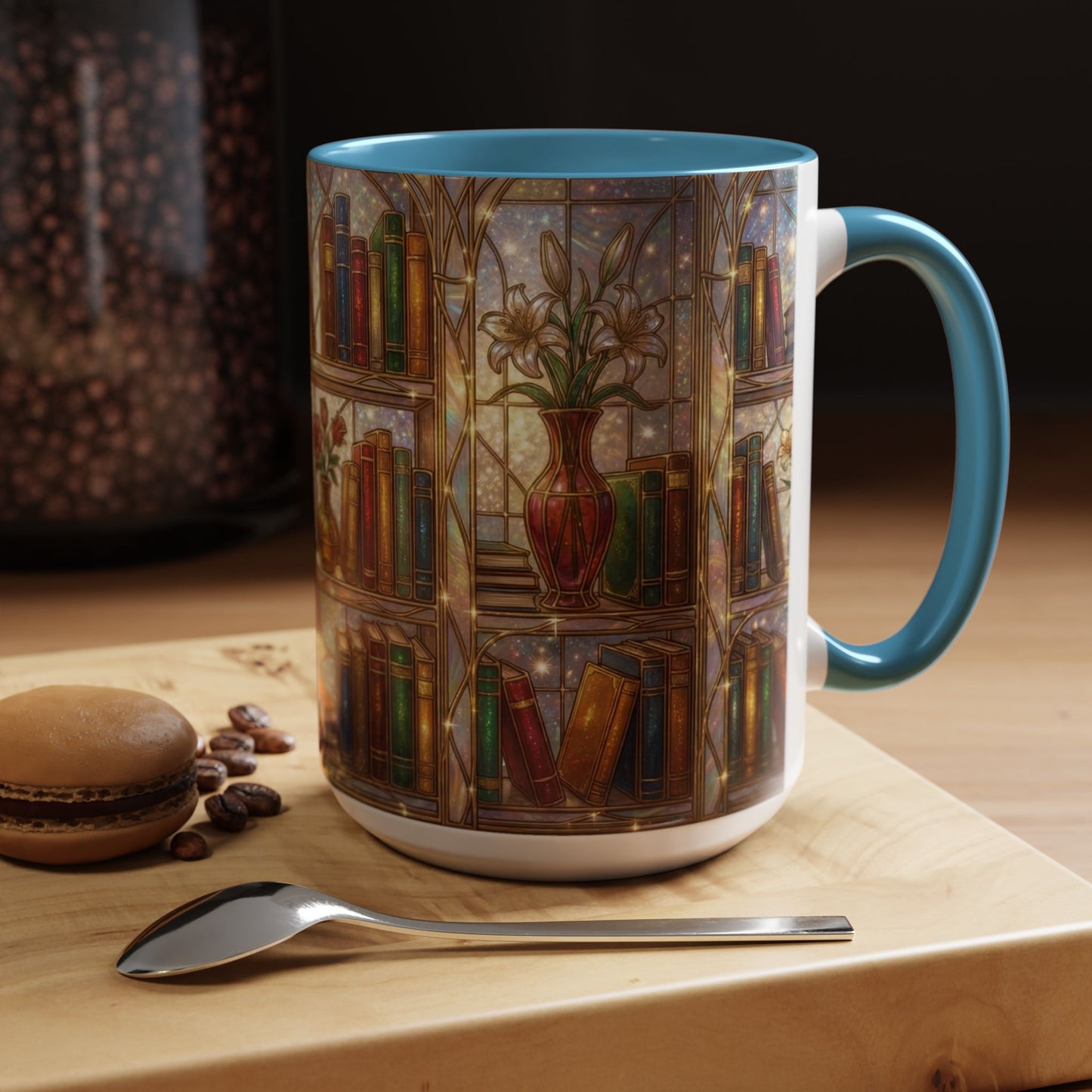 Stained Glass Books Mug, Book Lover Coffee Mug, Cozy Library Mug, Bookish Gift For Readers, Dark Academia Mug, Floral Bookshelf Cup