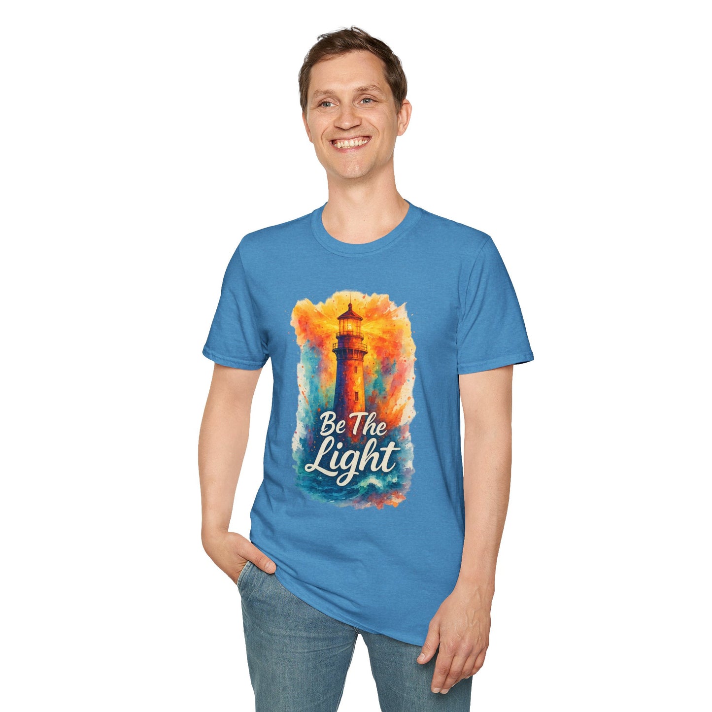 Be The Light Lighthouse T-Shirt | Inspirational Spiritual Tee | Coastal Nautical Gift for Her and Him | Unisex Softstyle Graphic Tee