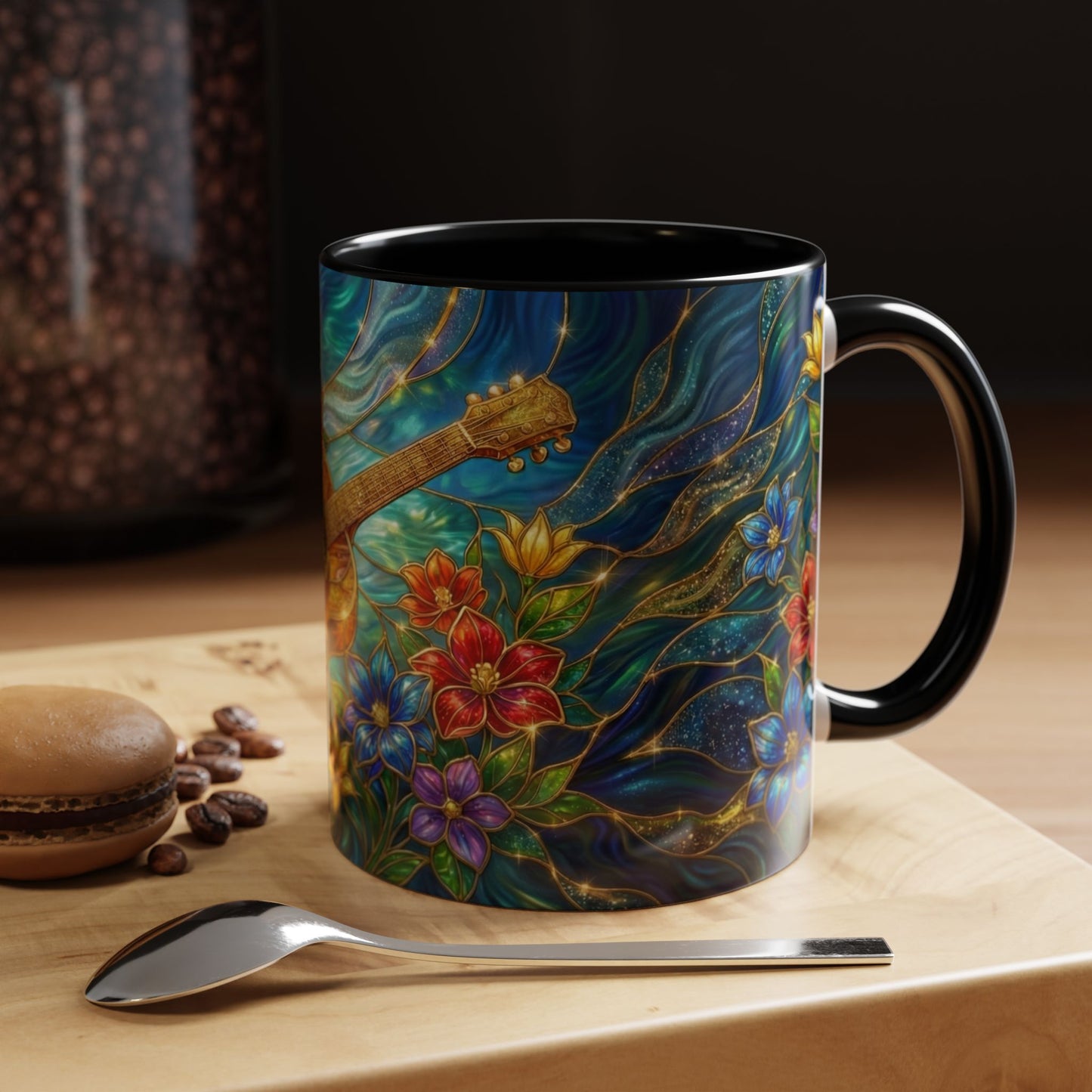 Guitar Coffee Mug, Stained Glass Guitar Art Mug, Music Lover Gift, Floral Acoustic Guitar Mug, Ceramic Coffee Cup, Unique Musician Gift, 11oz