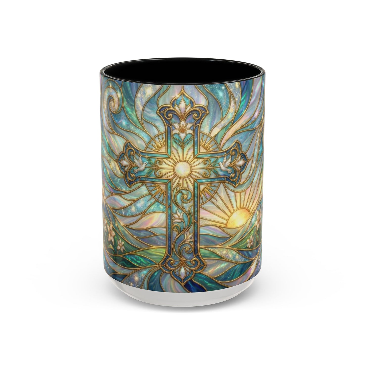 Stained Glass Cross Mug, Christian Coffee Cup, Religious Easter Gift, Celestial Faith Mug, Spiritual Sunrise Cup, Dove Lily Print Mug