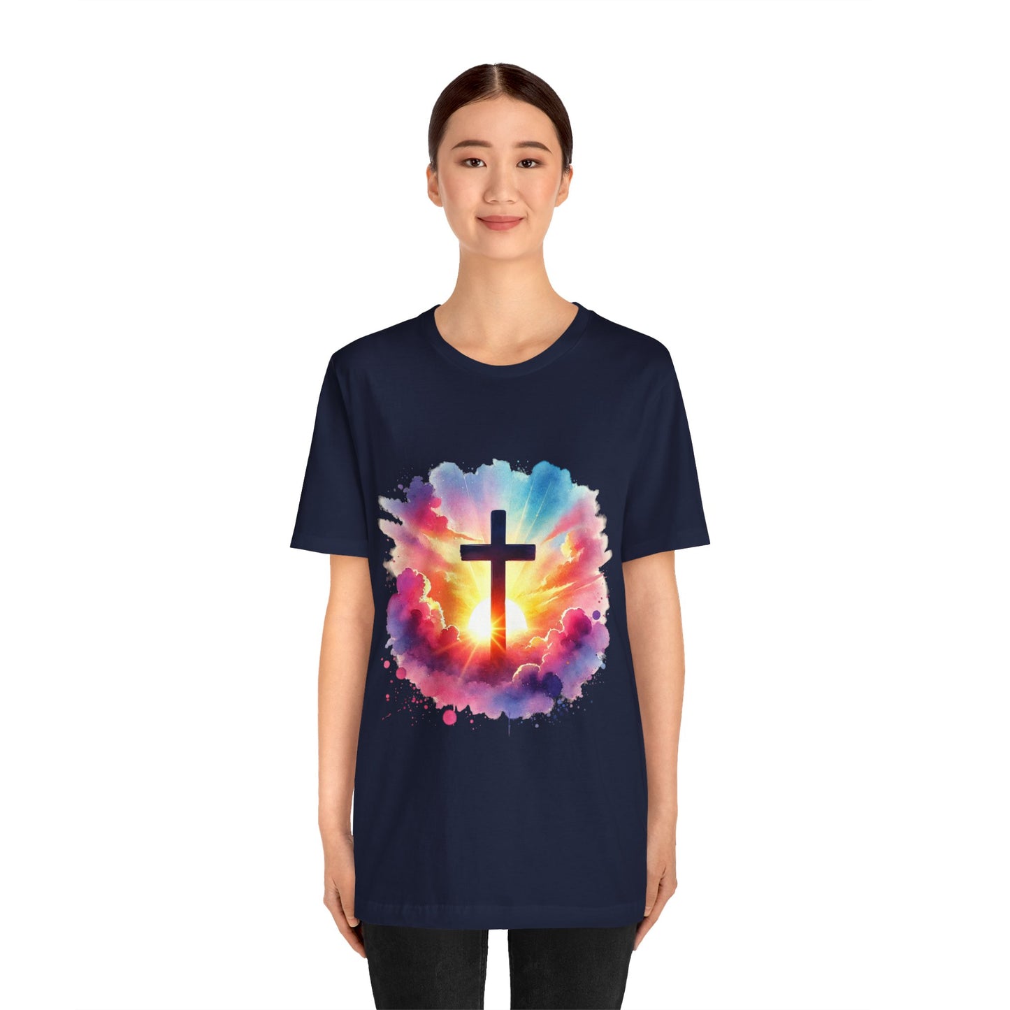 Faith Cross Sunburst Christian Tee | Inspirational Christian T-Shirt | Colorful Sunrise Cross Shirt | Faith Gifts for Women Men