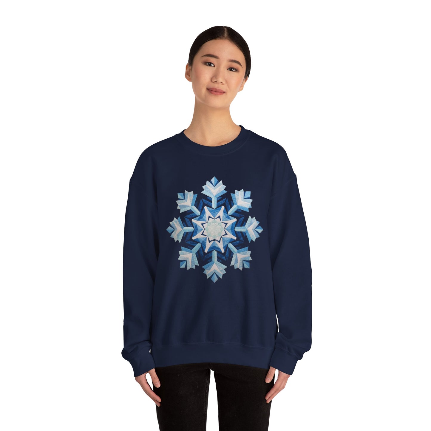 Faux Patchwork Snowflake Sweatshirt, Winter Snowflake Crewneck Unisex, Cozy Holiday Patchwork Sweatshirt, Nordic Snowflake Winter Pullover