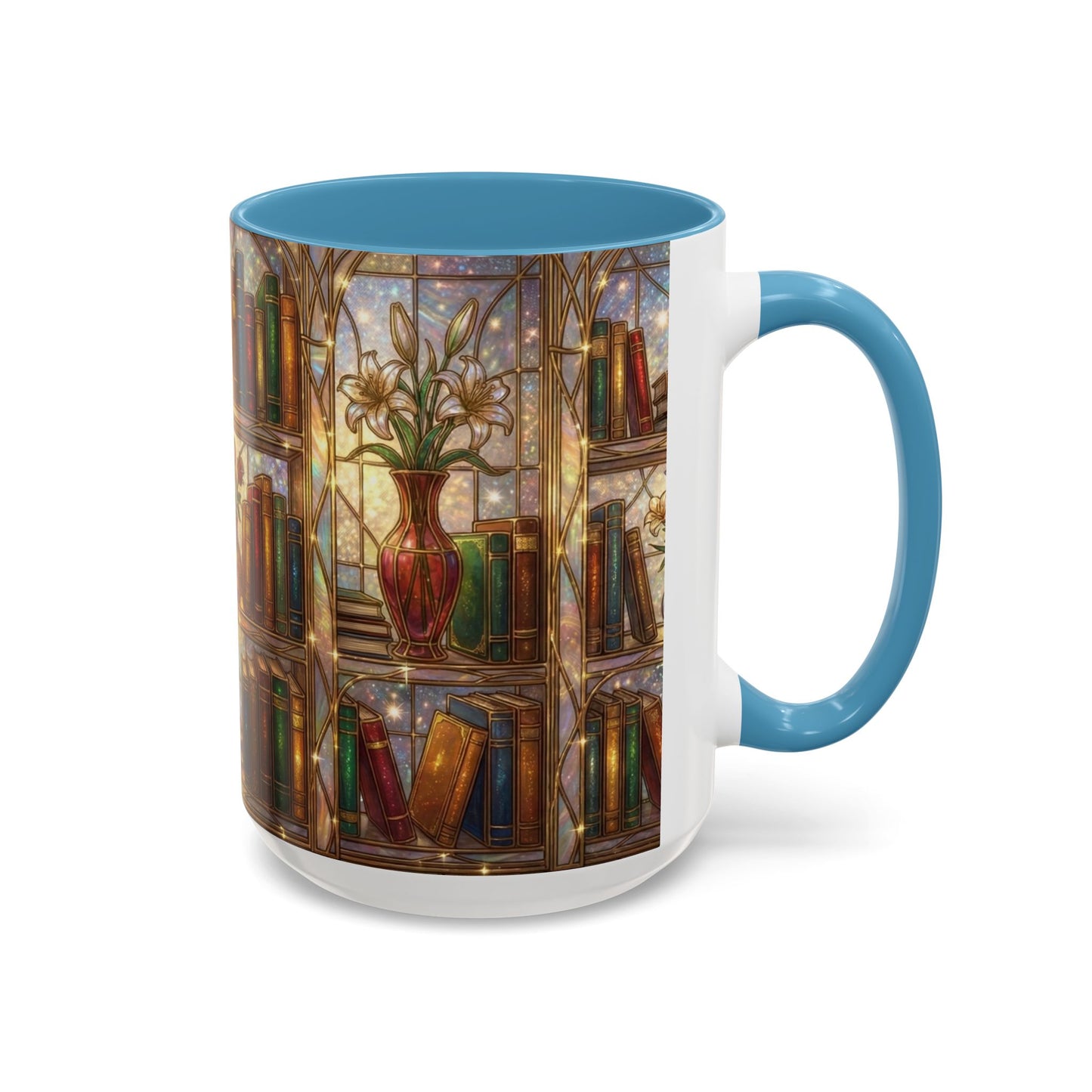 Stained Glass Books Mug, Book Lover Coffee Mug, Cozy Library Mug, Bookish Gift For Readers, Dark Academia Mug, Floral Bookshelf Cup