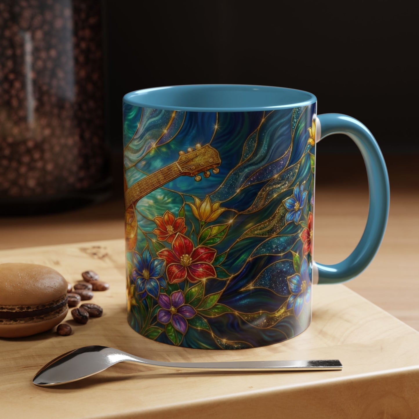 Guitar Coffee Mug, Stained Glass Guitar Art Mug, Music Lover Gift, Floral Acoustic Guitar Mug, Ceramic Coffee Cup, Unique Musician Gift, 11oz