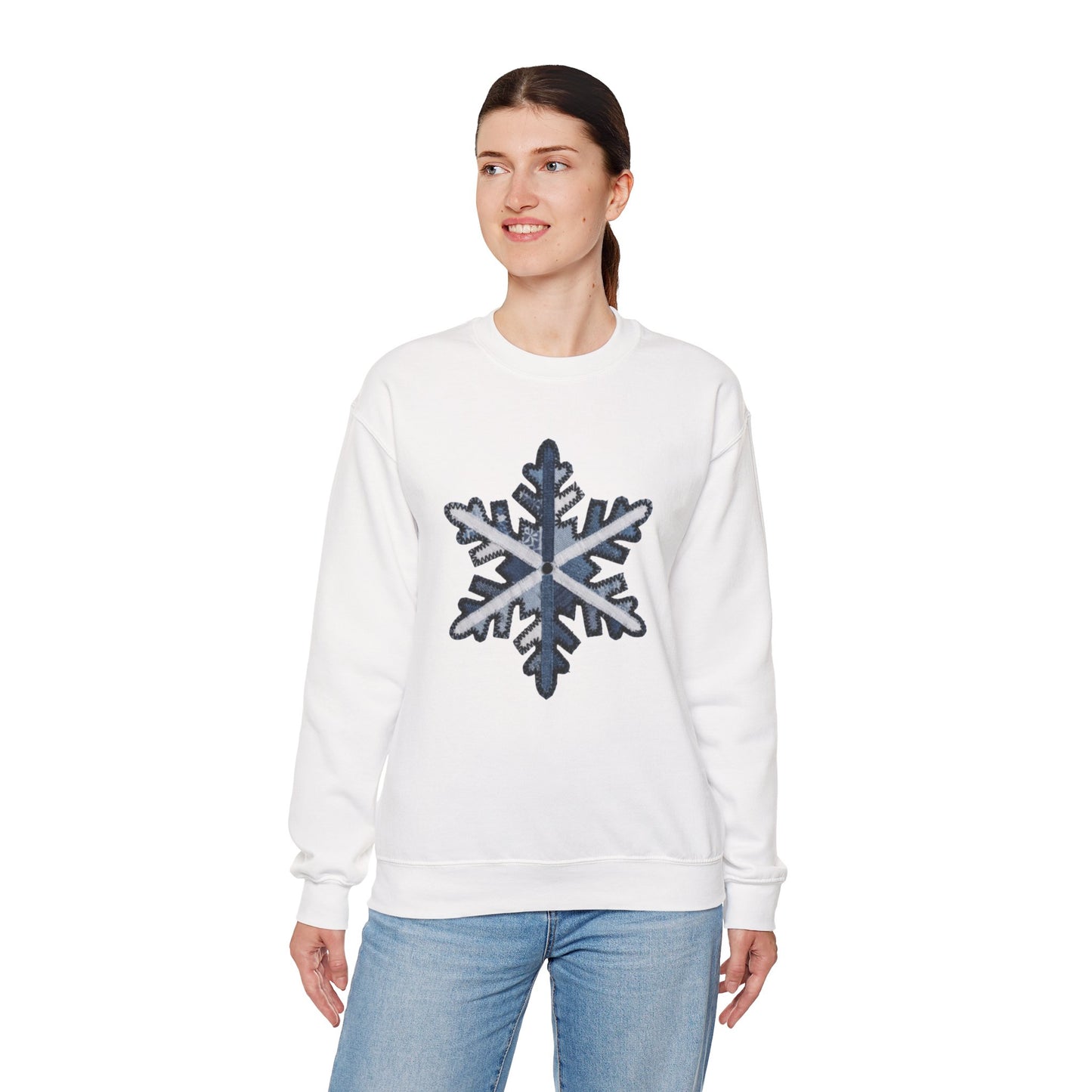Faux Patchwork Snowflake Sweatshirt, Winter Snowflake Crewneck, Cozy Christmas Sweatshirt, Holiday Patchwork Sweater, Winter Gift