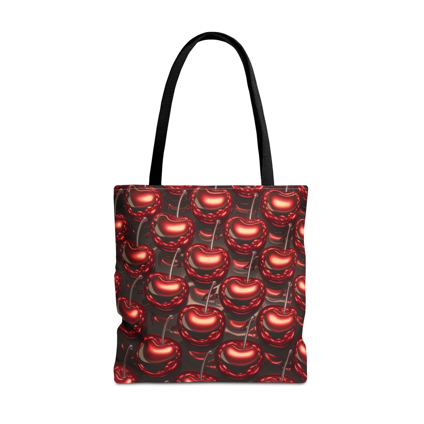 Glossy Cherry Pattern Canvas Tote Bag – Retro Black & Red Cherry Print, Coquette Cottagecore Aesthetic Shopper Tote, Fruit Lover Gift