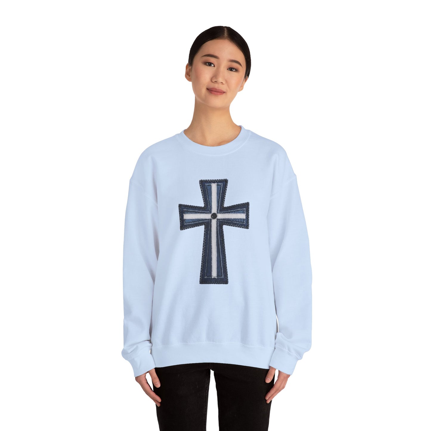 Faux Patchwork Cross Sweatshirt, Christian Patchwork Style Crewneck, Faith Gift for Women Men, Rustic Cross Sweatshirt, Religious Xmas Gift