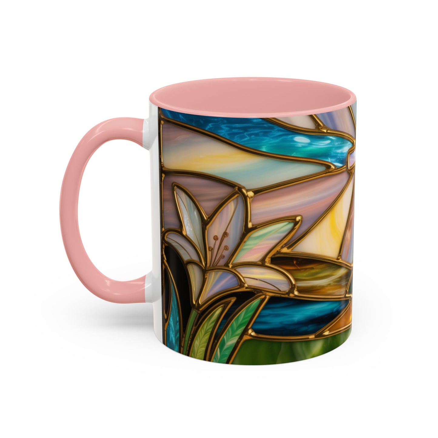 Stained Glass Cross Mug, Christian Sunrise Coffee Cup, Religious Floral Art Mug, Inspirational Faith Gift For Women, Colorful Stained Glass Design