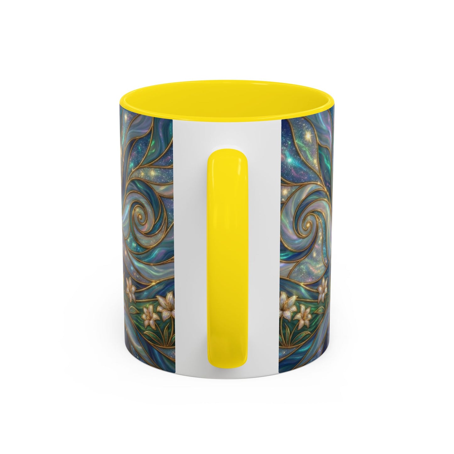 Stained Glass Cross Mug, Christian Coffee Cup, Religious Easter Gift, Celestial Faith Mug, Spiritual Sunrise Cup, Dove Lily Print Mug