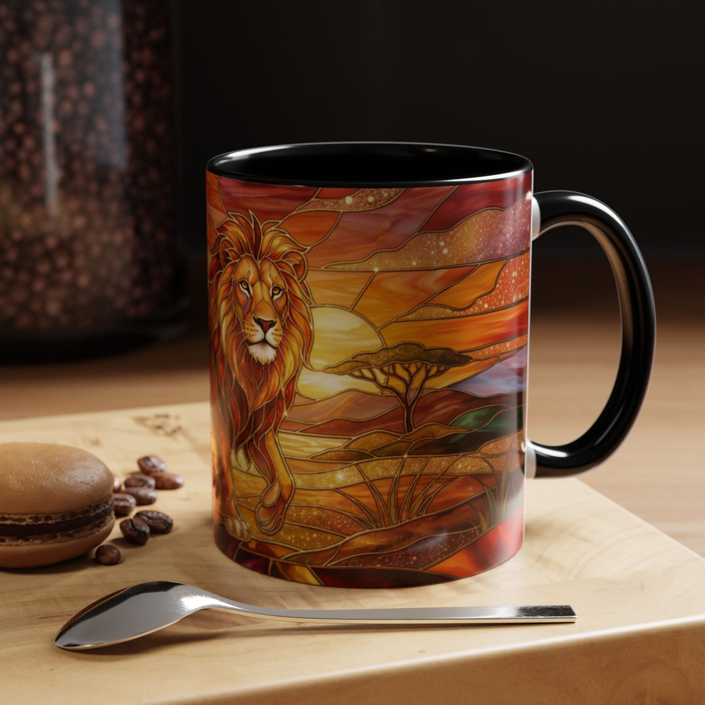 Stained Glass Lion Mug, Majestic Lion Coffee Cup, African Sunset Art Mug, Safari Wildlife Gift, Colorful Lion Lover Ceramic Mug