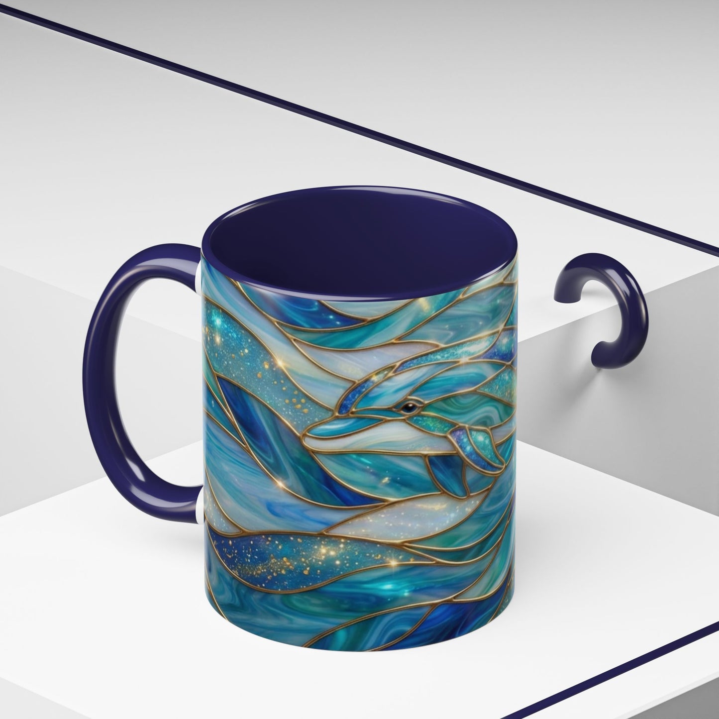 Stained Glass Dolphin Mug, Dolphin Coffee Cup, Ocean Art Mug, Sea Life Gift, Nautical Decor Mug, Coastal Dolphin Lover Gift