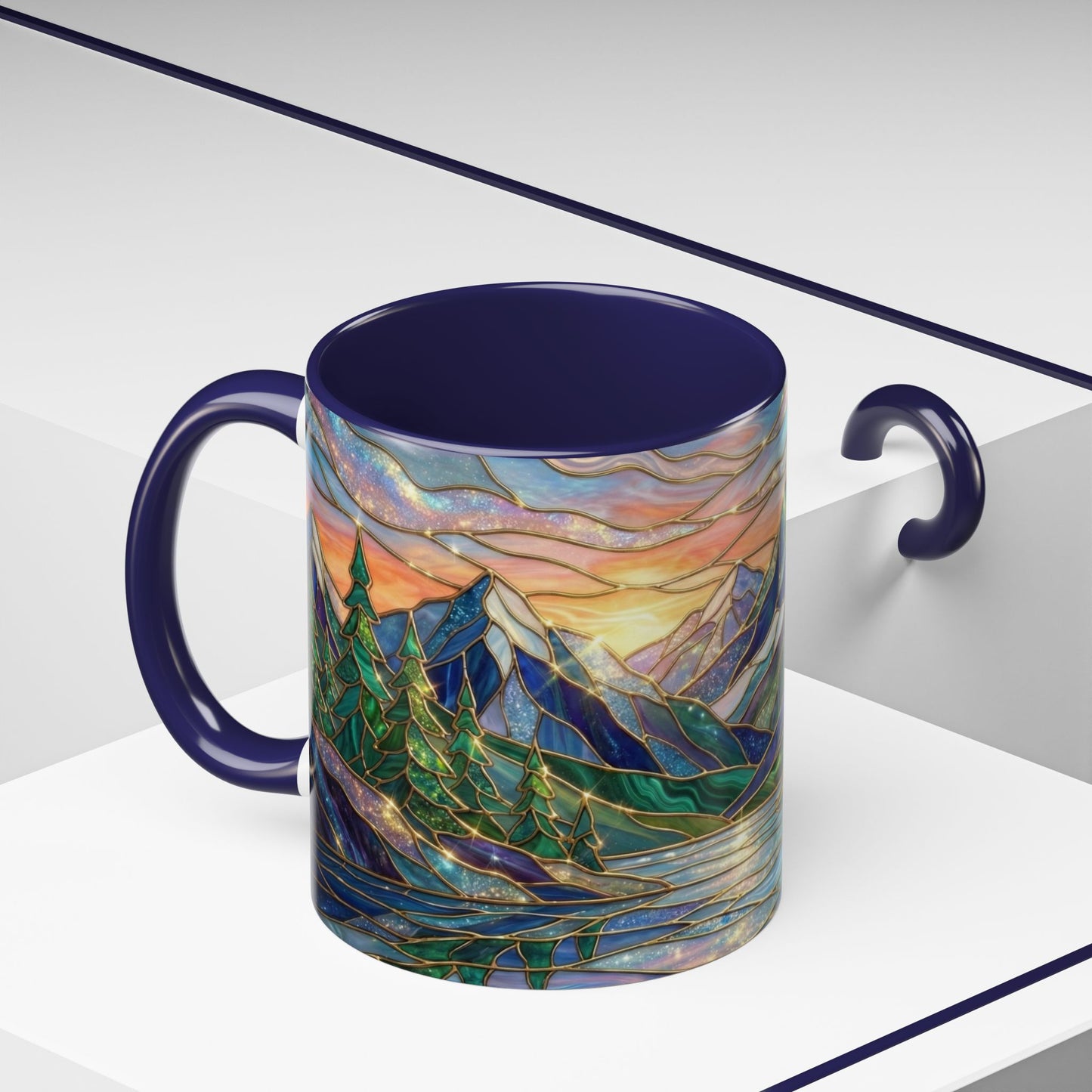 Stained Glass Mountain Mug, Sunset Mountain Landscape Coffee Cup, Nature Ceramic Mug With Forest And River, 11oz 15oz Gift