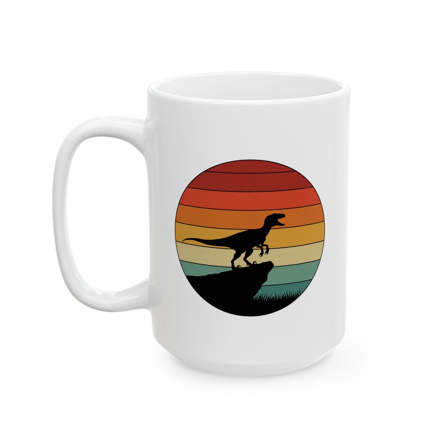 Retro Sunset Dinosaur Mug – Velociraptor Silhouette on Vintage Stripes, Jurassic Coffee Cup, Prehistoric Art Ceramic Mug, Dinosaur Lover Gift