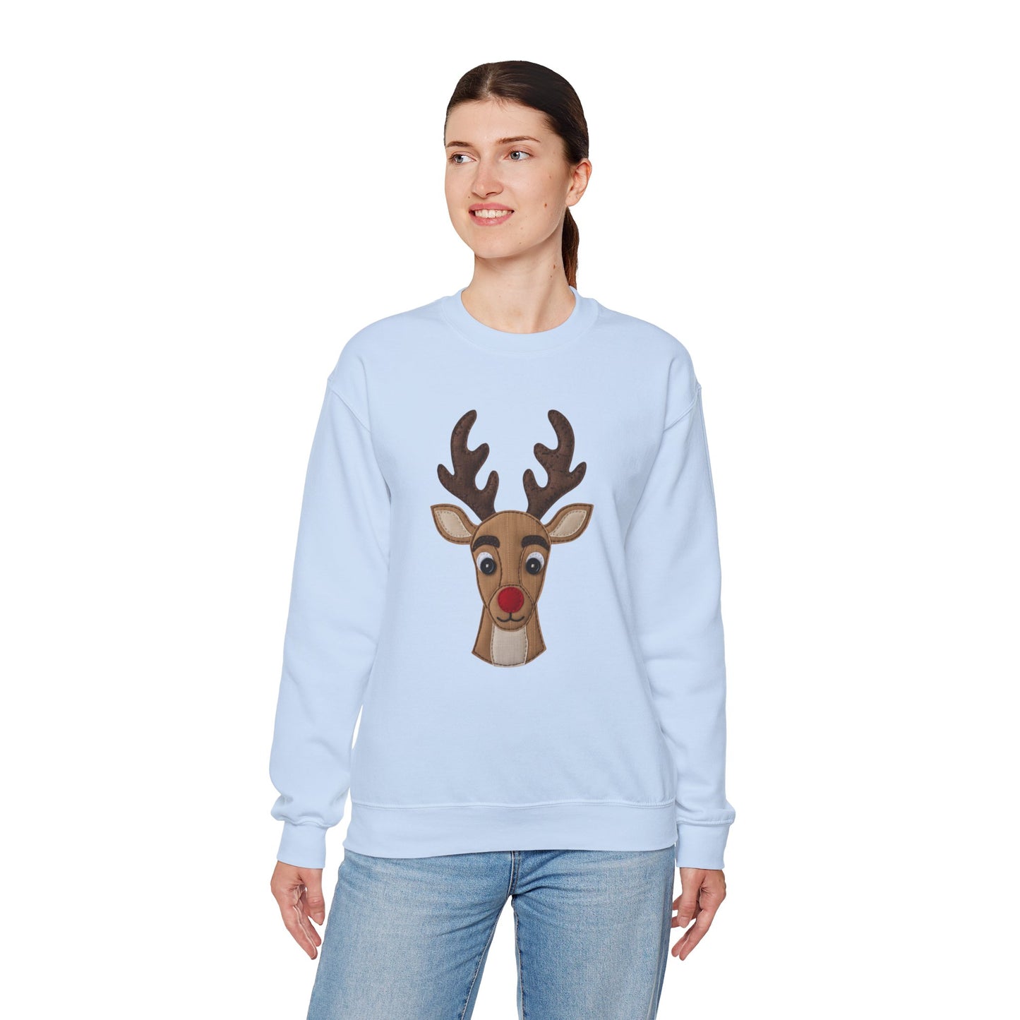 Faux Patchwork Rudolph Sweatshirt, Cute Reindeer Christmas Crewneck, Cozy Holiday Pullover, Winter Reindeer Sweater, Xmas Gift for Women
