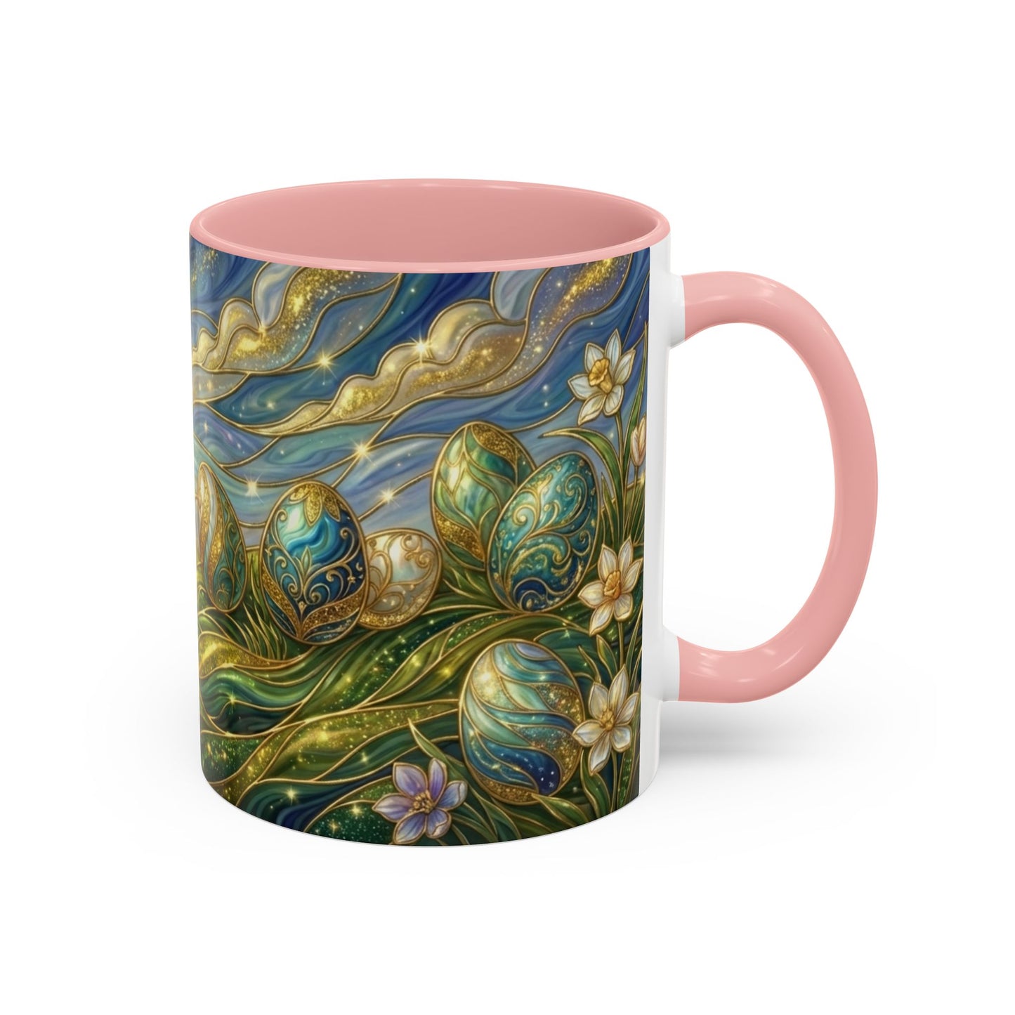 Stained Glass Easter Egg Mug, Magical Spring Floral Coffee Cup, Art Nouveau Fantasy Teacup, Elegant Celestial Starry Sky Mug Gift Idea