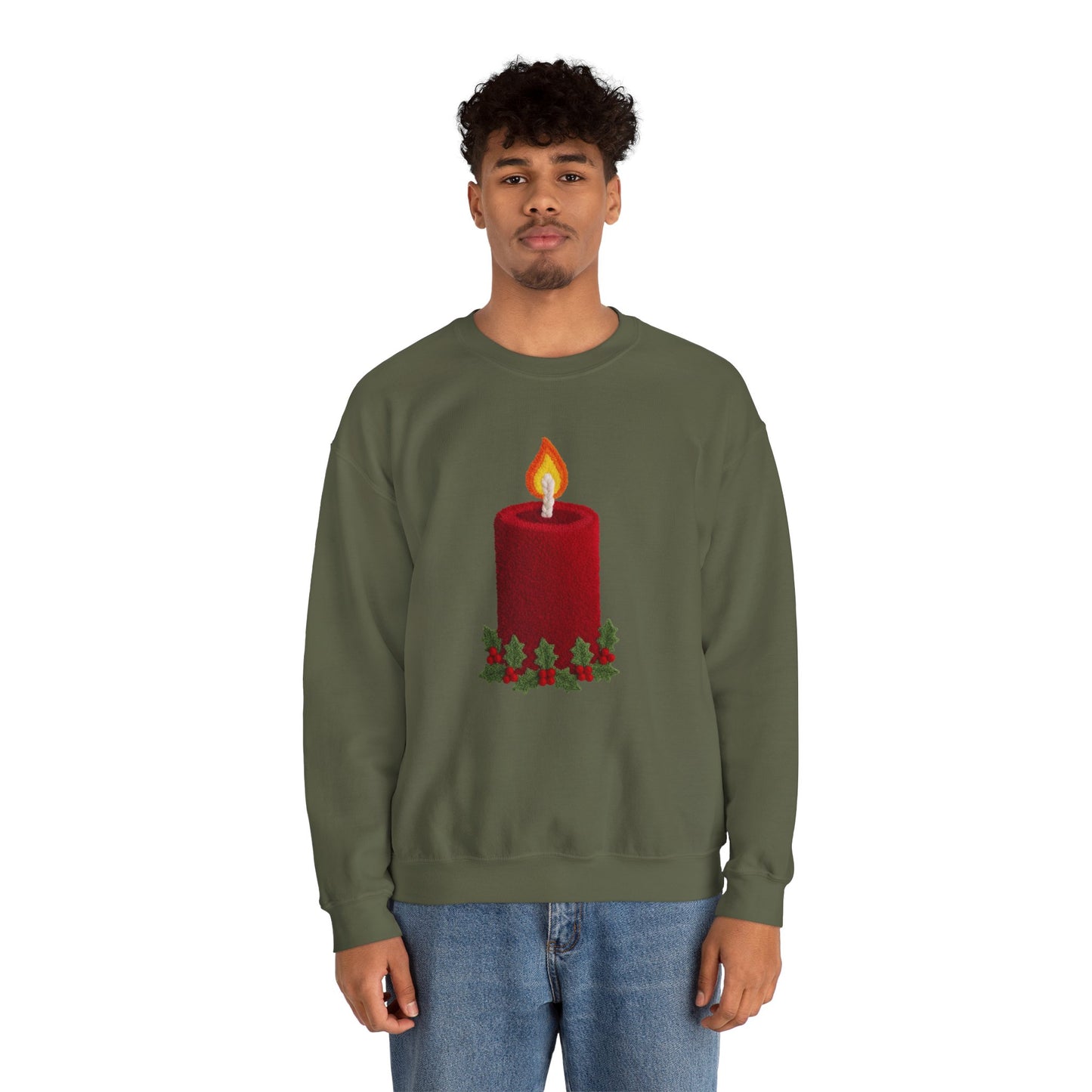 Faux Patchwork Crochet Candle Sweatshirt, Christmas Candle Sweater, Holiday Cozy Winter Crewneck, Cute Xmas Candle Sweatshirt, Unisex Holiday Top