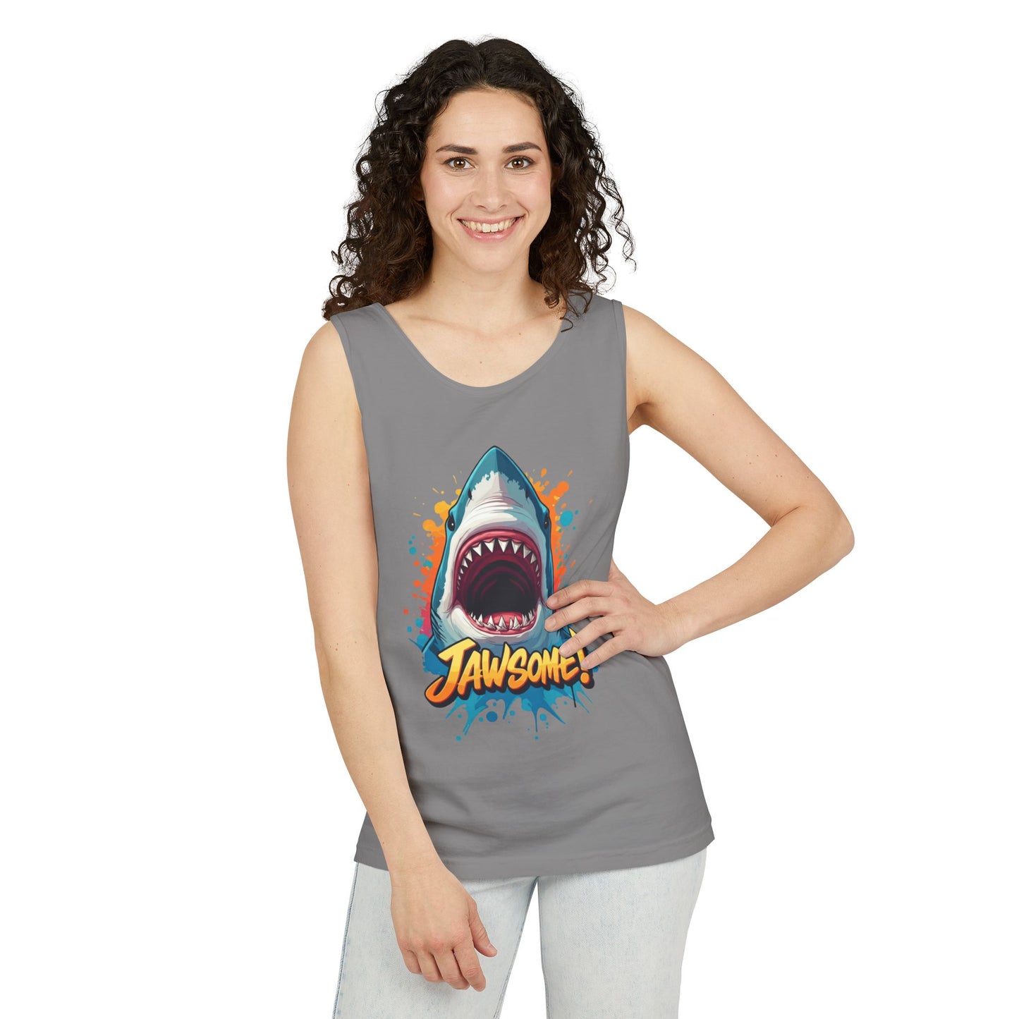 Jawsome Shark Graphic Tank Top | Funny Retro 90s-Style Shark Tee for Men and Women | Bold Ocean Print, Humor Gift, Summer Trending