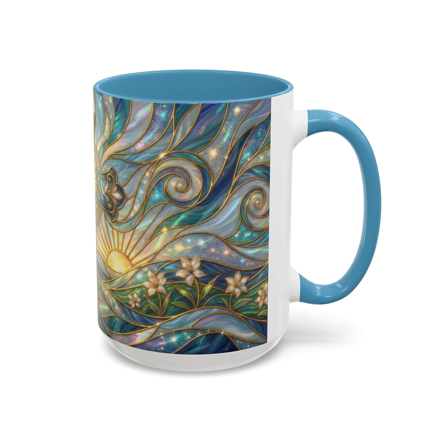 Stained Glass Cross Mug, Christian Coffee Cup, Religious Easter Gift, Celestial Faith Mug, Spiritual Sunrise Cup, Dove Lily Print Mug