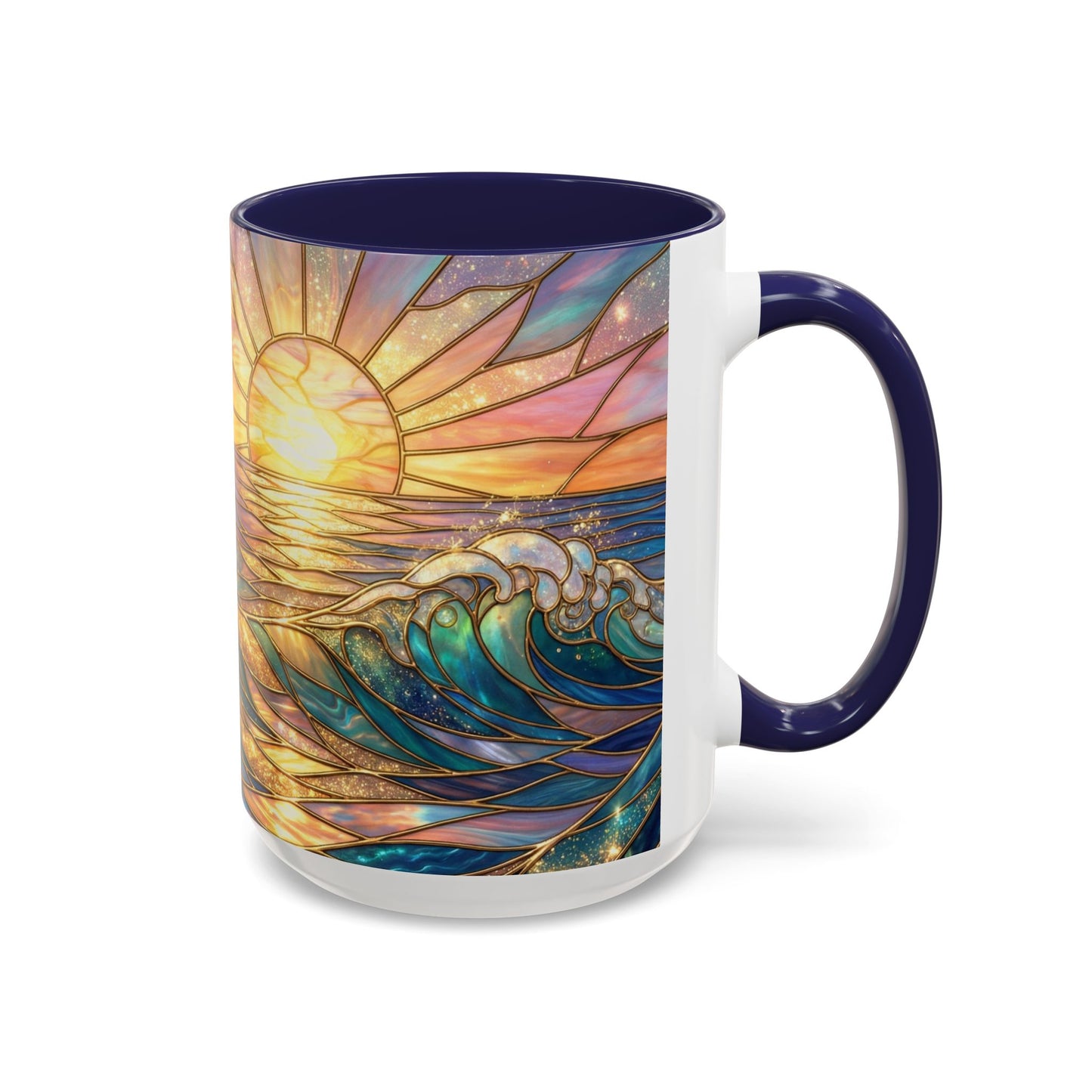 Stained Glass Ocean Wave Mug, Sunrise Beach Coffee Cup, Japanese Art Gift, Coastal Decor Kitchen, Mosaic Sea Tea Cup, Blue Gold Nature Lover