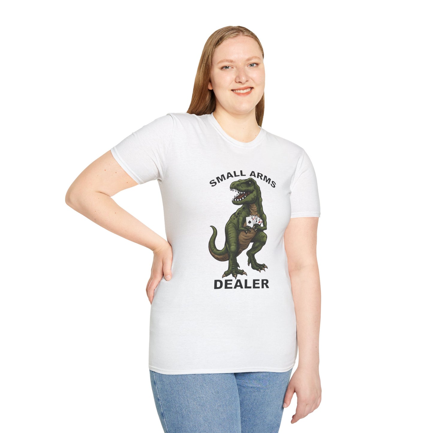 Funny Small Arms Dealer T-Rex Shirt, Dinosaur Pun Tee, Hilarious Graphic T-Shirt for Men & Women, Great Gift for Dad, Friend, or Coworker