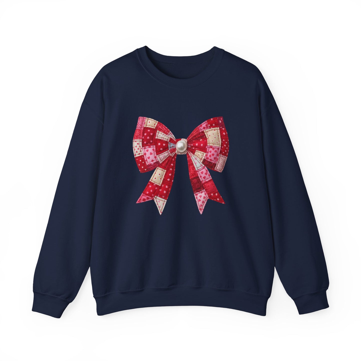 Faux Patchwork Bow Sweatshirt, Quilted Look Bow Crewneck, Pearl Center Bow Pullover, Cozy Coquette Sweatshirt, Girly Gift