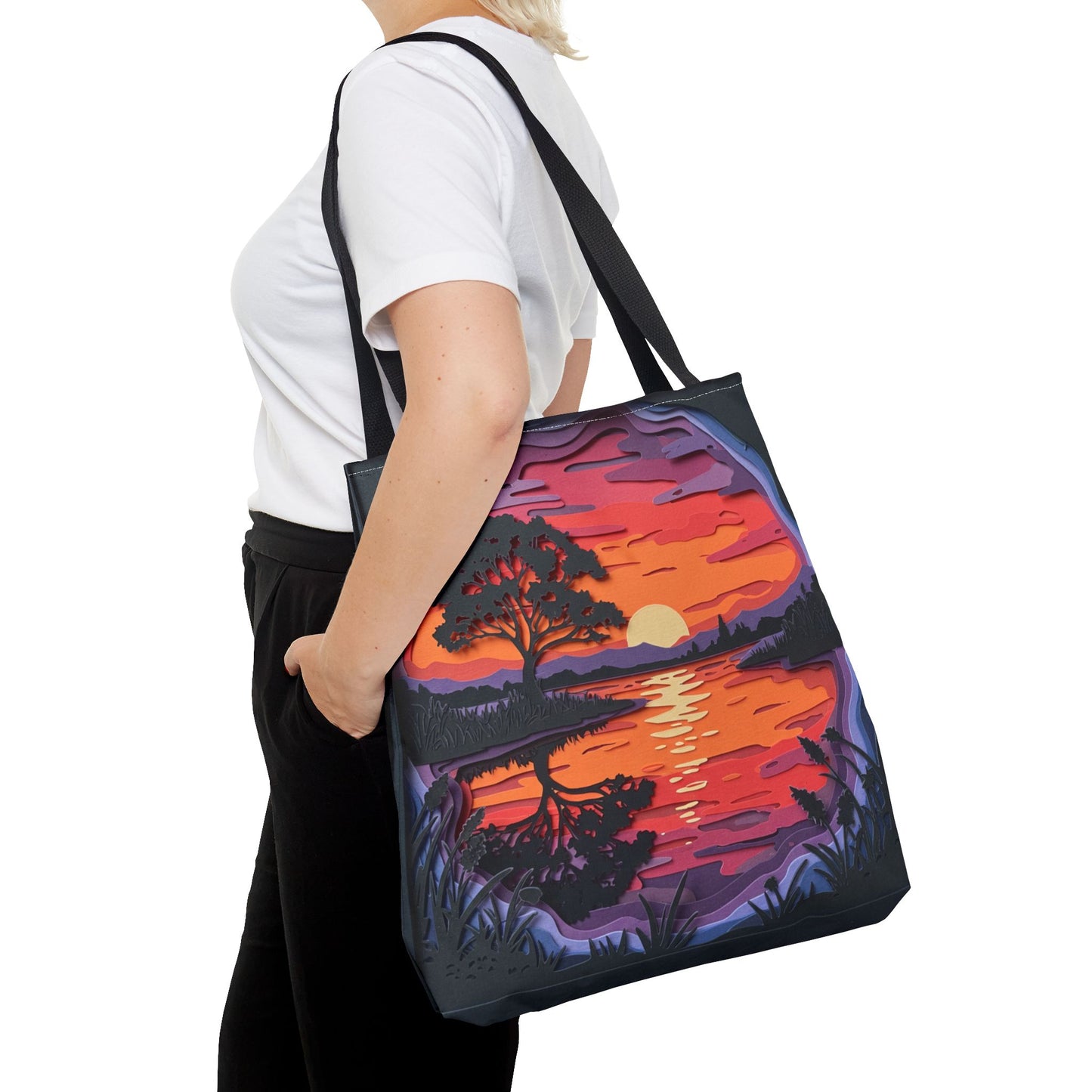 Sunset Landscape Canvas Tote Bag – Paper‑Art Inspired Nature Scene Tote – Colorful Sunset Market Tote, Eco Reusable Beach Bag, Vibrant Gift for Her