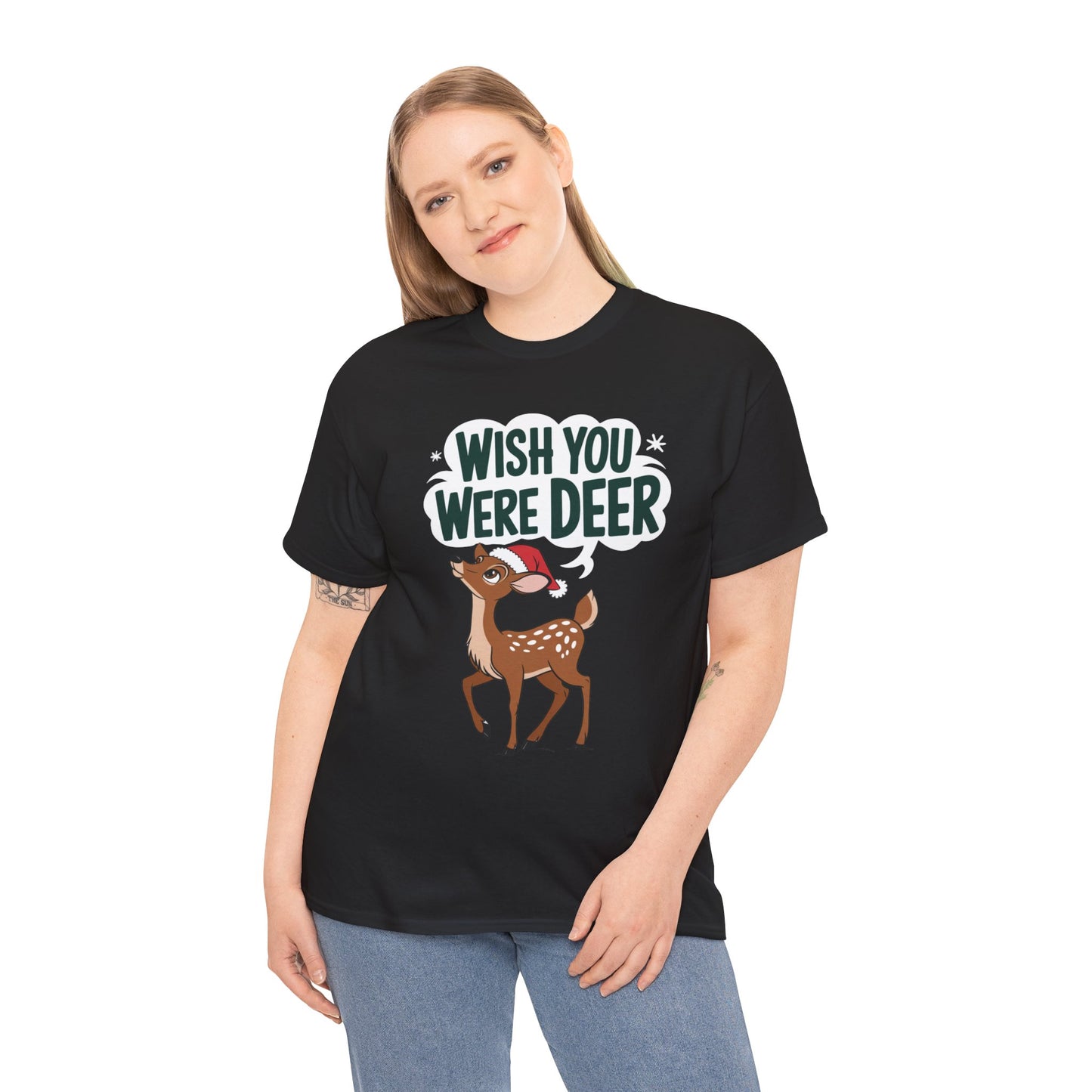 Wish You Were Deer Funny Christmas T-Shirt, Cute Reindeer Holiday Tee, Pun Christmas Shirt, Festive Santa Hat Deer Graphic Tee Gift
