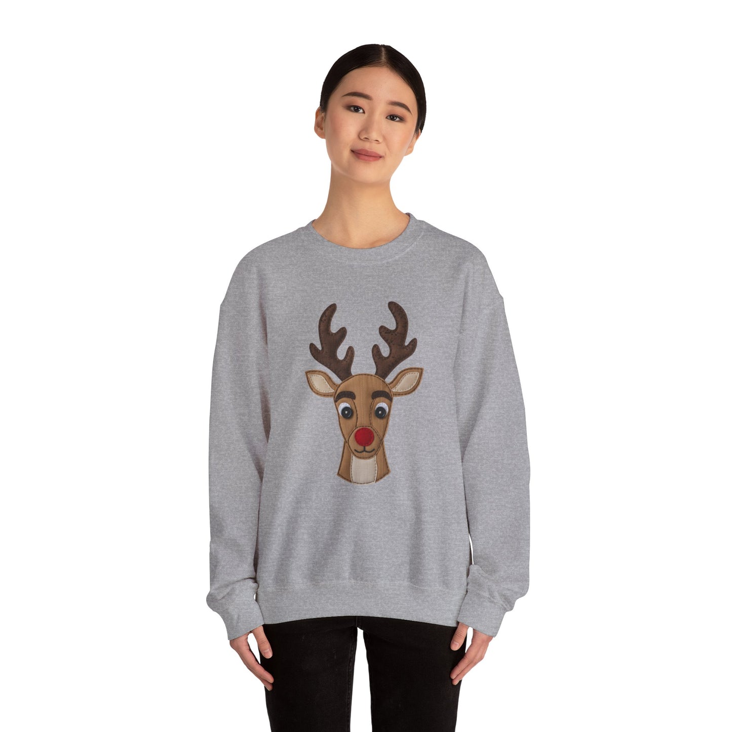 Faux Patchwork Rudolph Sweatshirt, Cute Reindeer Christmas Crewneck, Cozy Holiday Pullover, Winter Reindeer Sweater, Xmas Gift for Women