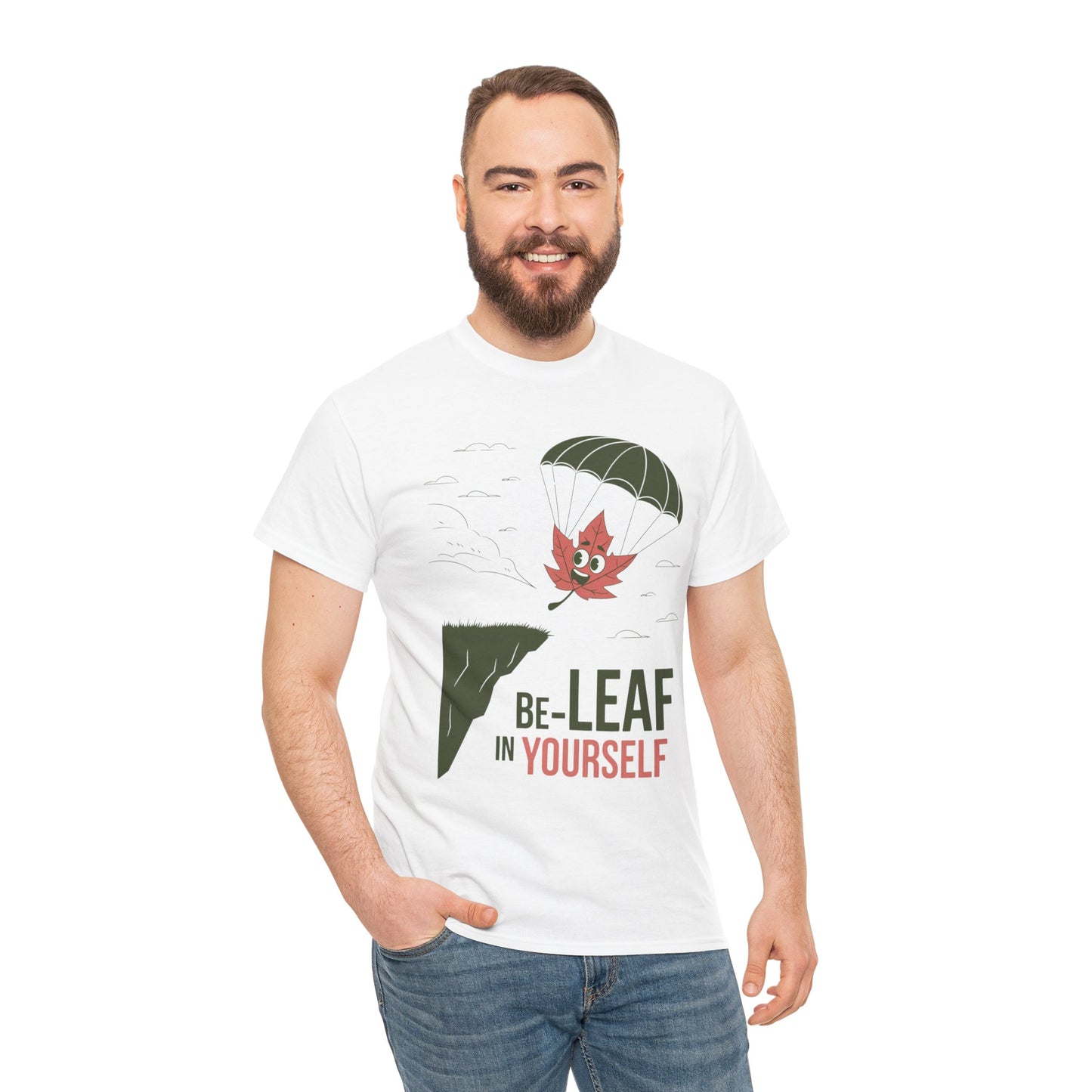 Be-Leaf In Yourself Maple Leaf Parachute T-Shirt | Funny Motivational Nature Graphic Tee | Self-Love Fall Autumn Shirt | Outdoorsy Gift