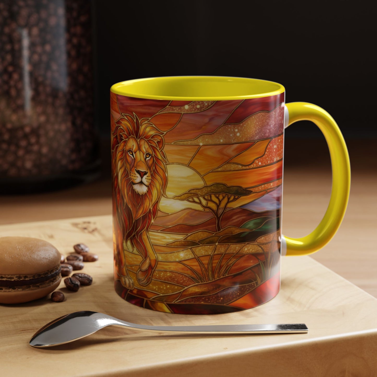 Stained Glass Lion Mug, Majestic Lion Coffee Cup, African Sunset Art Mug, Safari Wildlife Gift, Colorful Lion Lover Ceramic Mug