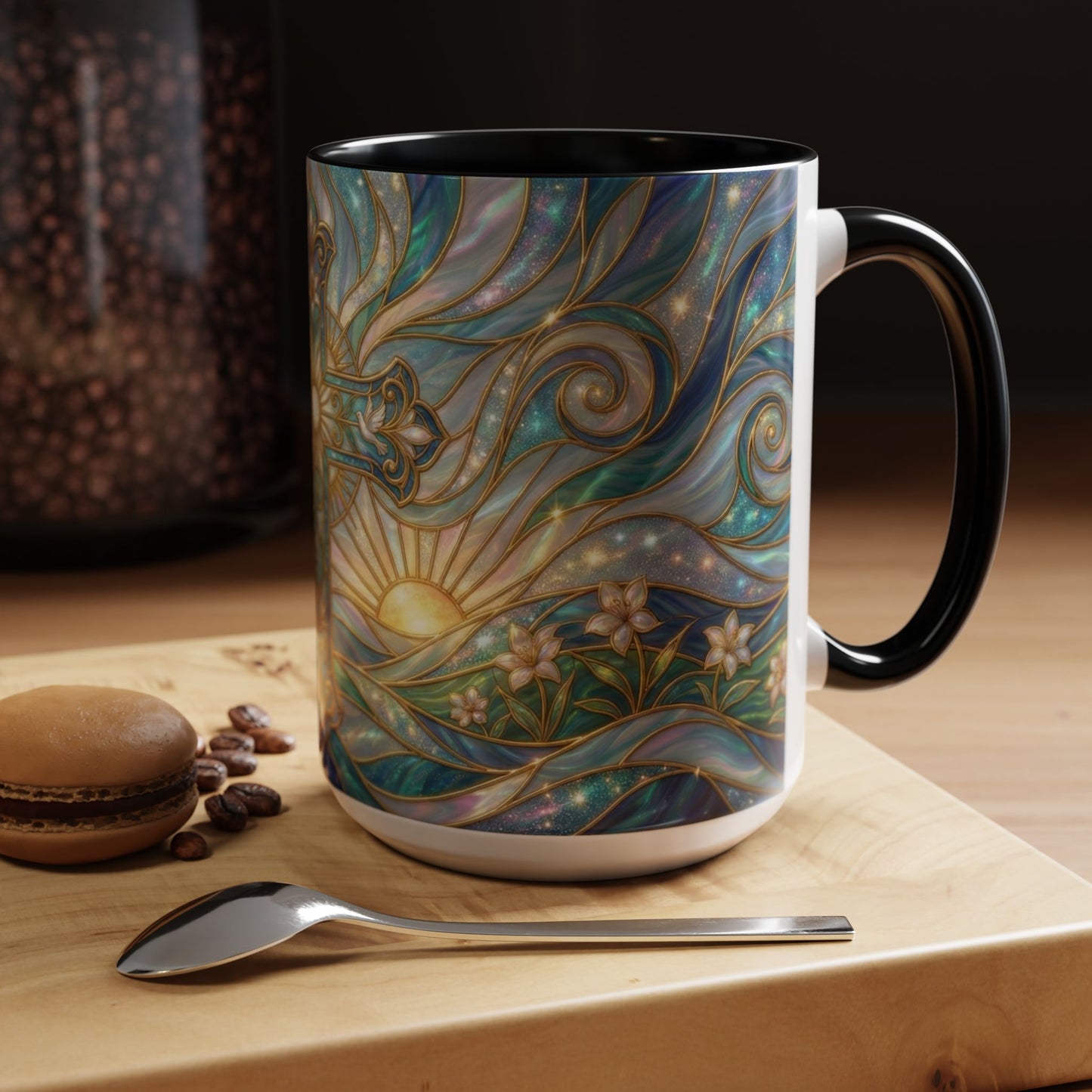Stained Glass Cross Mug, Christian Coffee Cup, Religious Easter Gift, Celestial Faith Mug, Spiritual Sunrise Cup, Dove Lily Print Mug