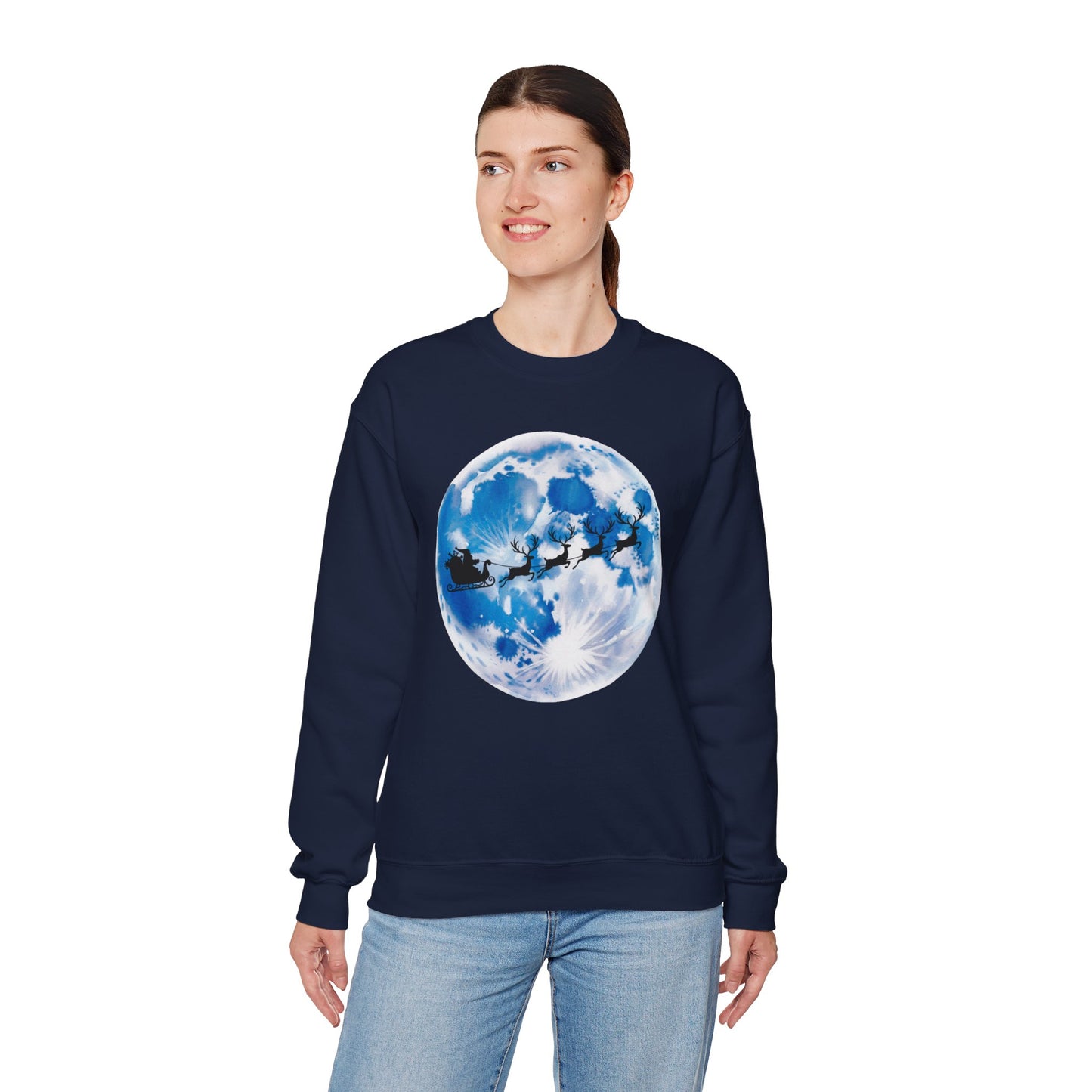 Santa And Reindeer Full Moon Christmas Sweatshirt, Holiday Night Sky Sweater, Cozy Unisex Crewneck, Festive Gift For Christmas Lovers