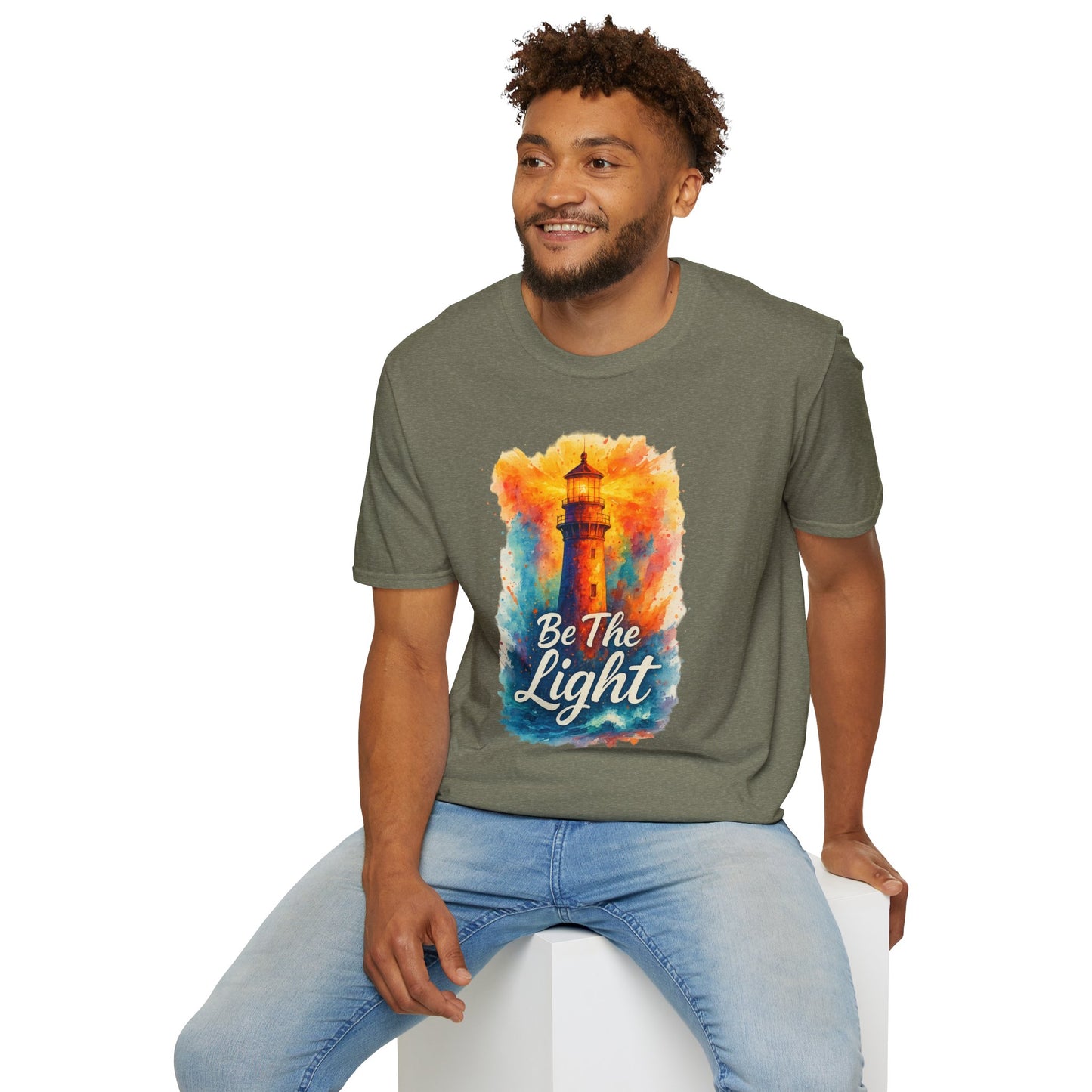 Be The Light Lighthouse T-Shirt | Inspirational Spiritual Tee | Coastal Nautical Gift for Her and Him | Unisex Softstyle Graphic Tee