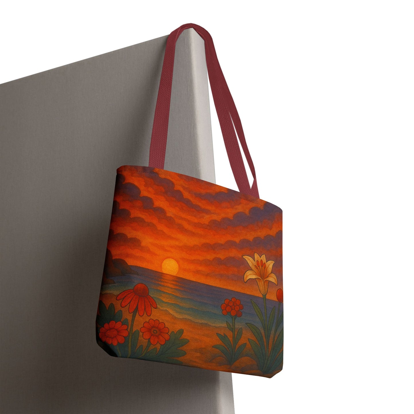 Retro Sunset Tote Bag with Wildflowers – Vibrant Floral Landscape Art, Nature-Inspired Reusable Bag, 70s Style Summer Accessory