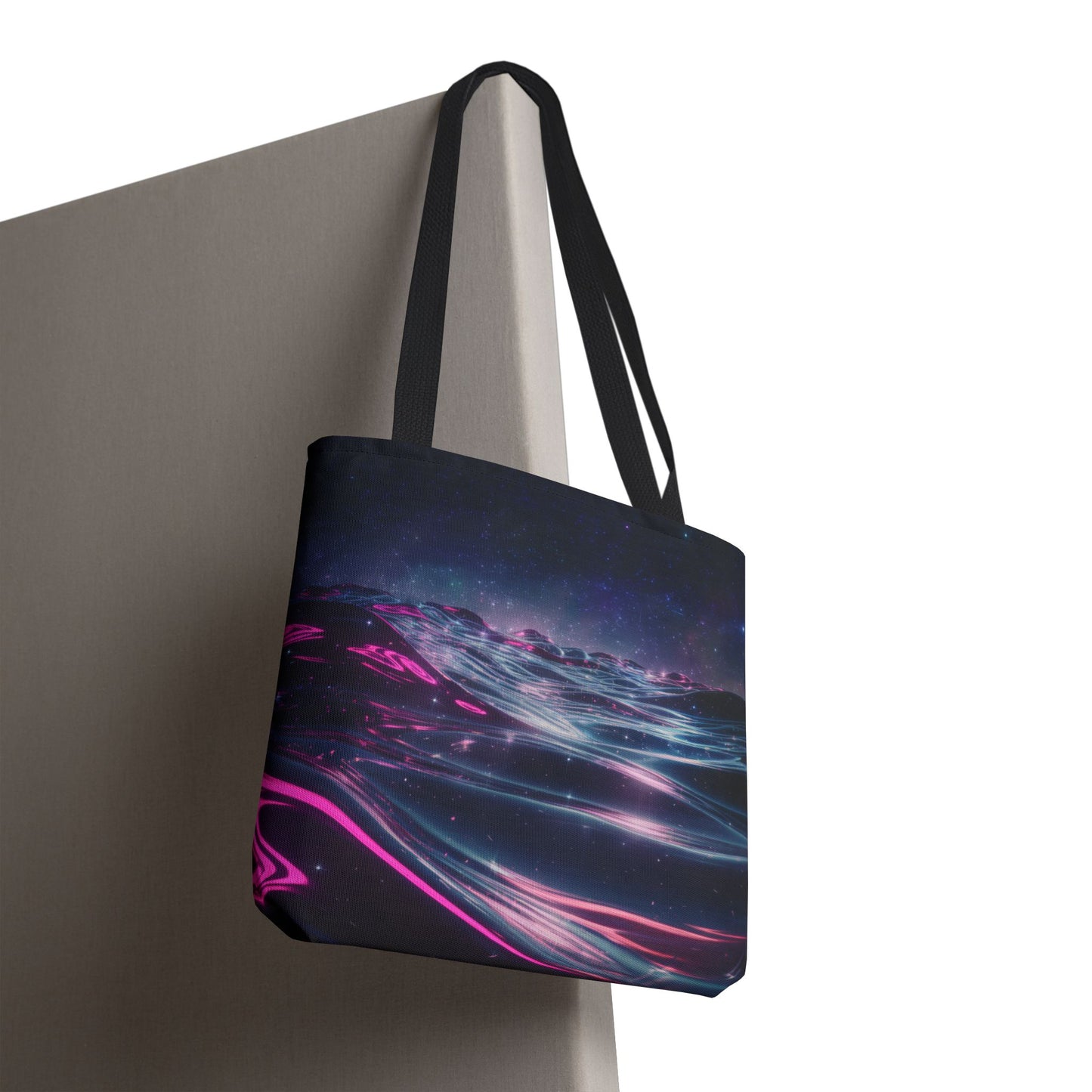 Neon Wave Horizon Tote Bag, Futuristic Ocean Design With Pink And Blue Light, Sci-Fi Aesthetic Reusable Tote For Travel, Gifts, And Everyday Use