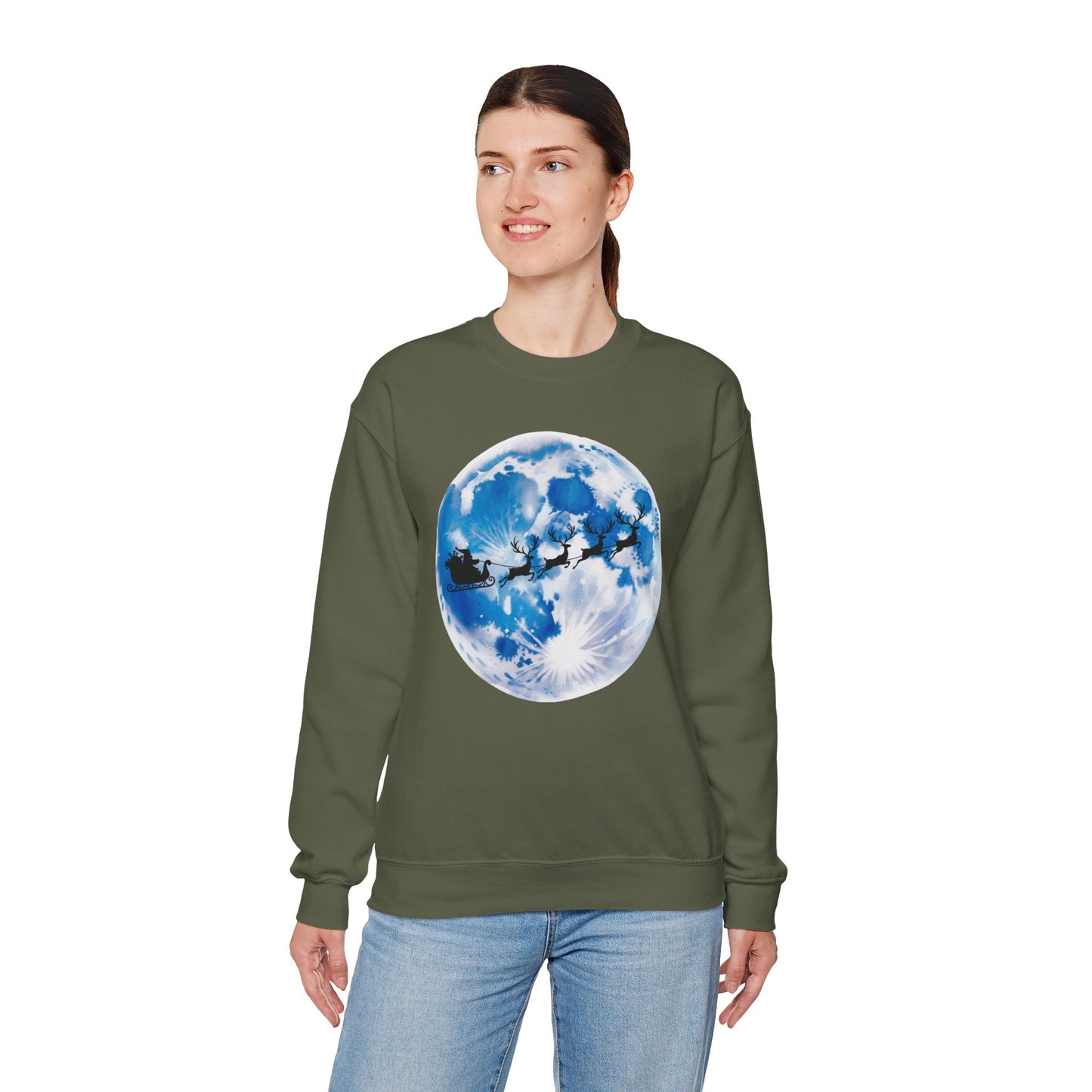 Santa And Reindeer Full Moon Christmas Sweatshirt, Holiday Night Sky Sweater, Cozy Unisex Crewneck, Festive Gift For Christmas Lovers