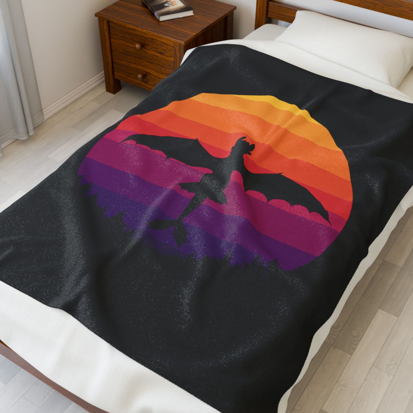 Dragon Sunset Blanket - Retro Dragon Fleece Throw - Fantasy Bedding Gift - Cool Gamer Blanket - Dragon Decor - Cozy Bed Cover for Fans