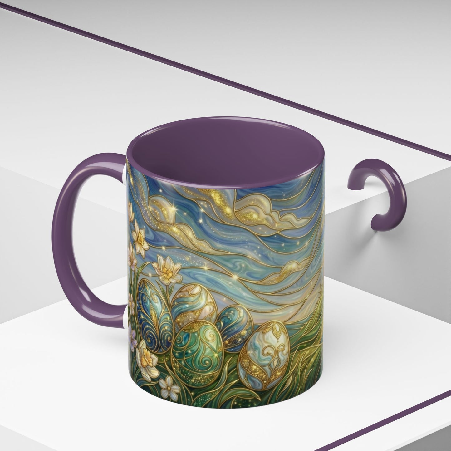 Stained Glass Easter Egg Mug, Magical Spring Floral Coffee Cup, Art Nouveau Fantasy Teacup, Elegant Celestial Starry Sky Mug Gift Idea
