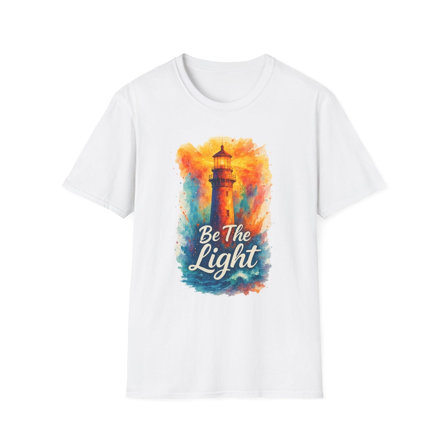 Be The Light Lighthouse T-Shirt | Inspirational Spiritual Tee | Coastal Nautical Gift for Her and Him | Unisex Softstyle Graphic Tee