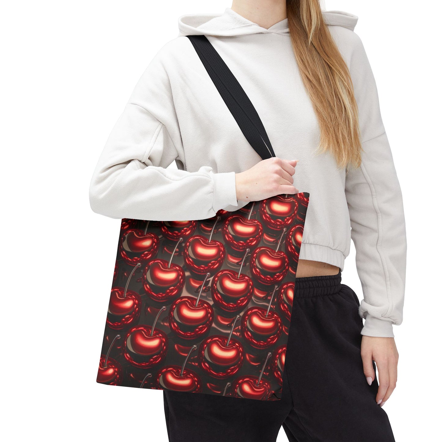 Glossy Cherry Pattern Canvas Tote Bag – Retro Black & Red Cherry Print, Coquette Cottagecore Aesthetic Shopper Tote, Fruit Lover Gift